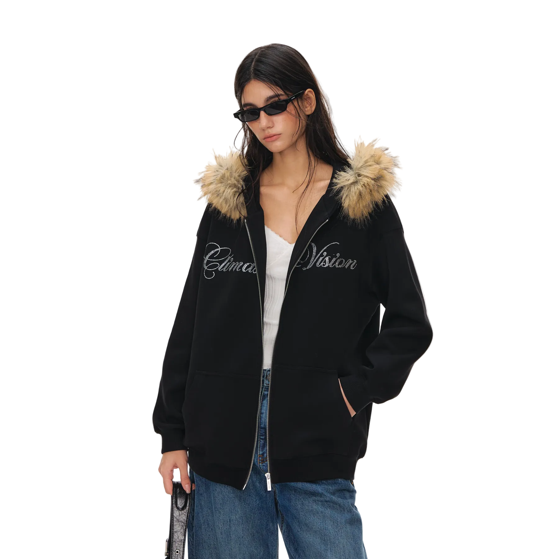 Black Detachable Fur Collar Rhinestone Air Layer Hooded Sweatshirt