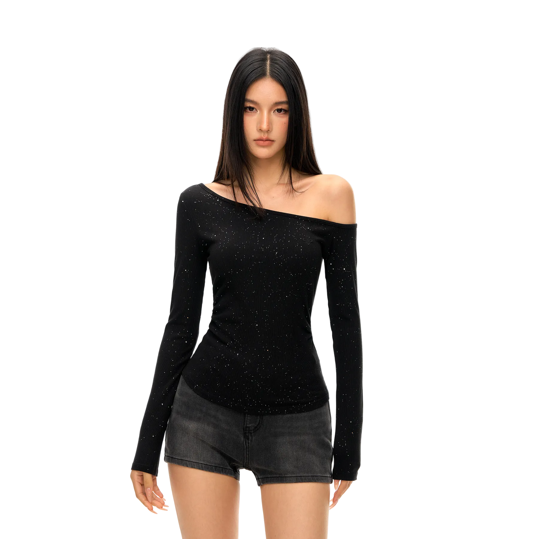 Black Rhinestones Cross Off-Shoulder Long Sleeve 
