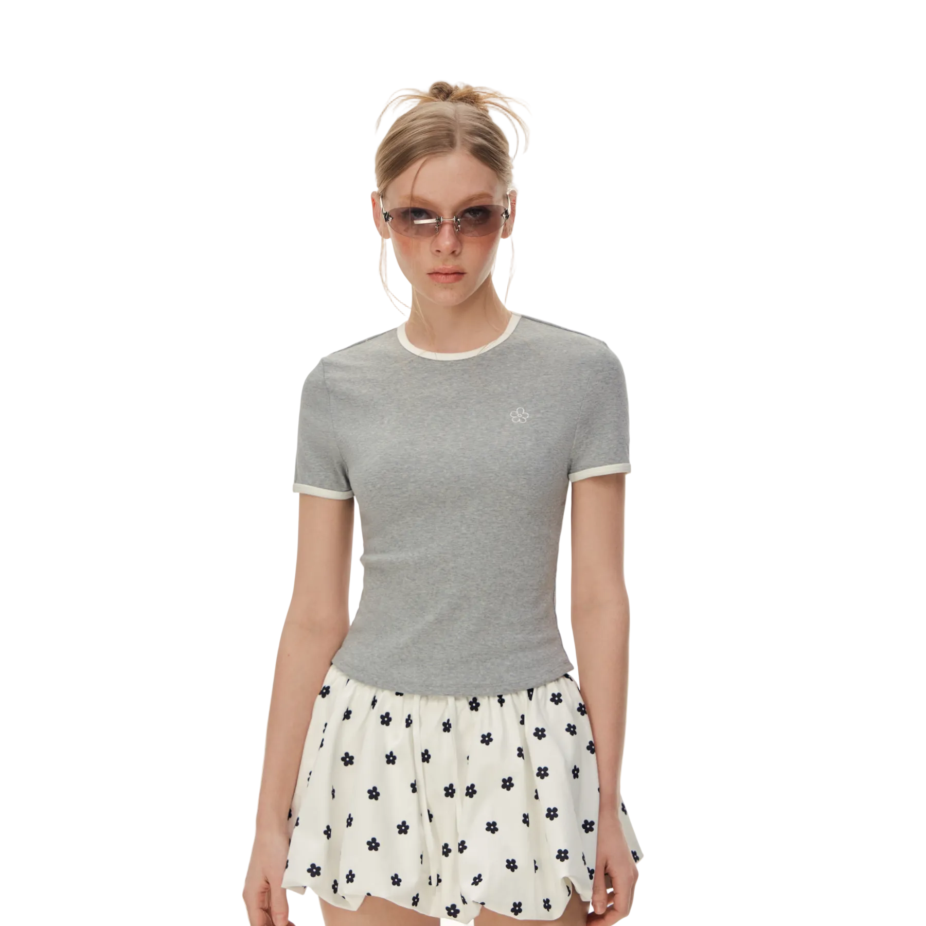 Grey Floral Embroidered Short-Sleeve T-Shirt