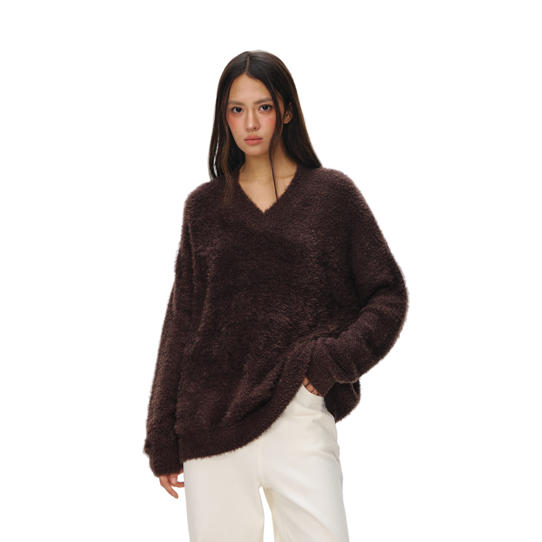 Brown Lazy Style Cloud Fluffy Plush V-Neck Knit Sweater