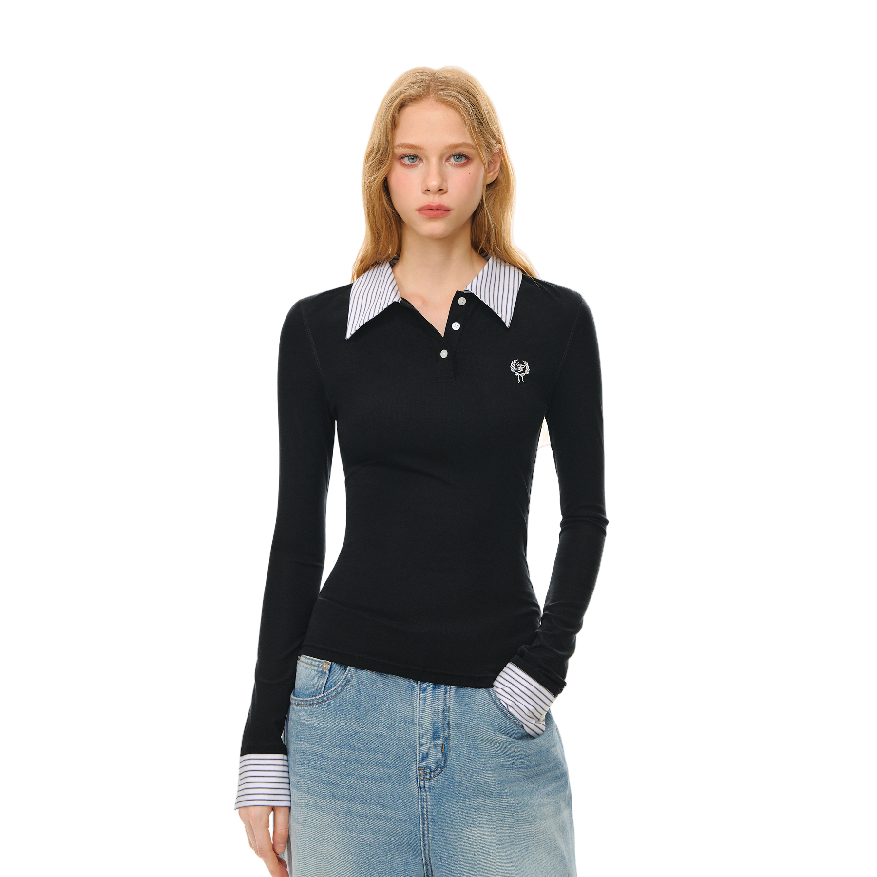 Black Shirt Collar Fake Two-piece Tencel Rib Stitching Long Sleeves