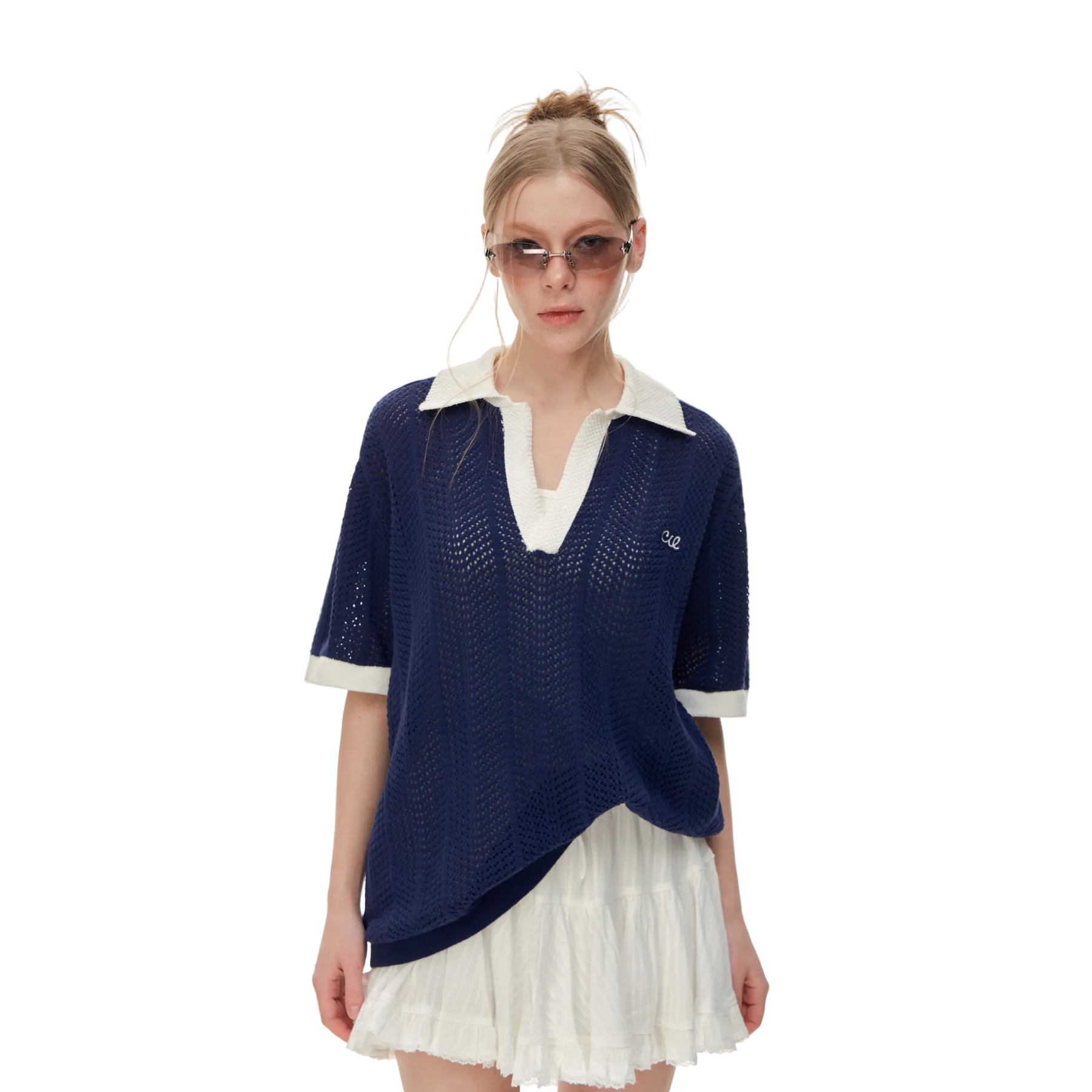 Navy Blue Color Block Polo Collar Hollow-Out Knit Short-Sleeve