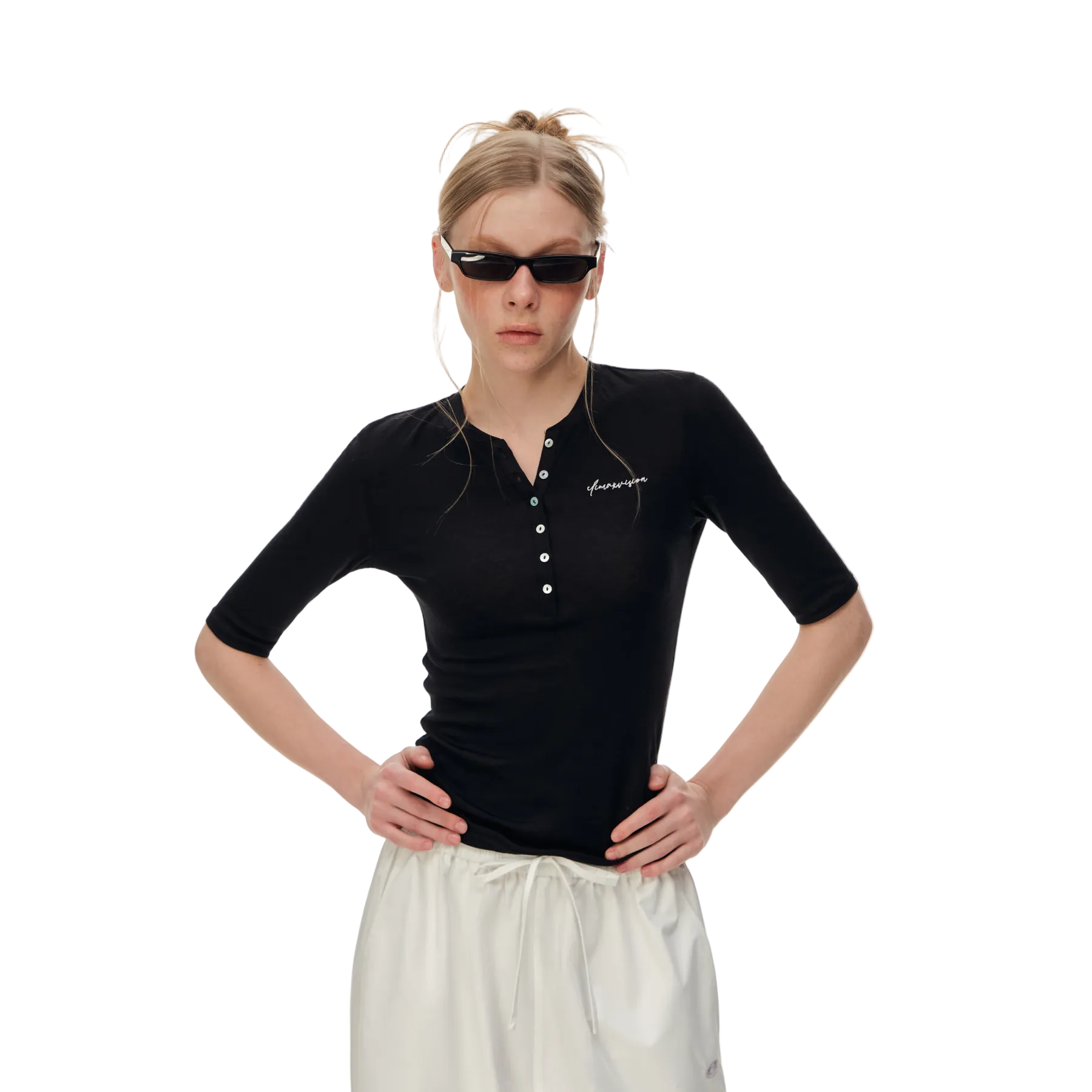 Black Lyocell Wool Blend Henley Mid-Sleeve T-Shirt