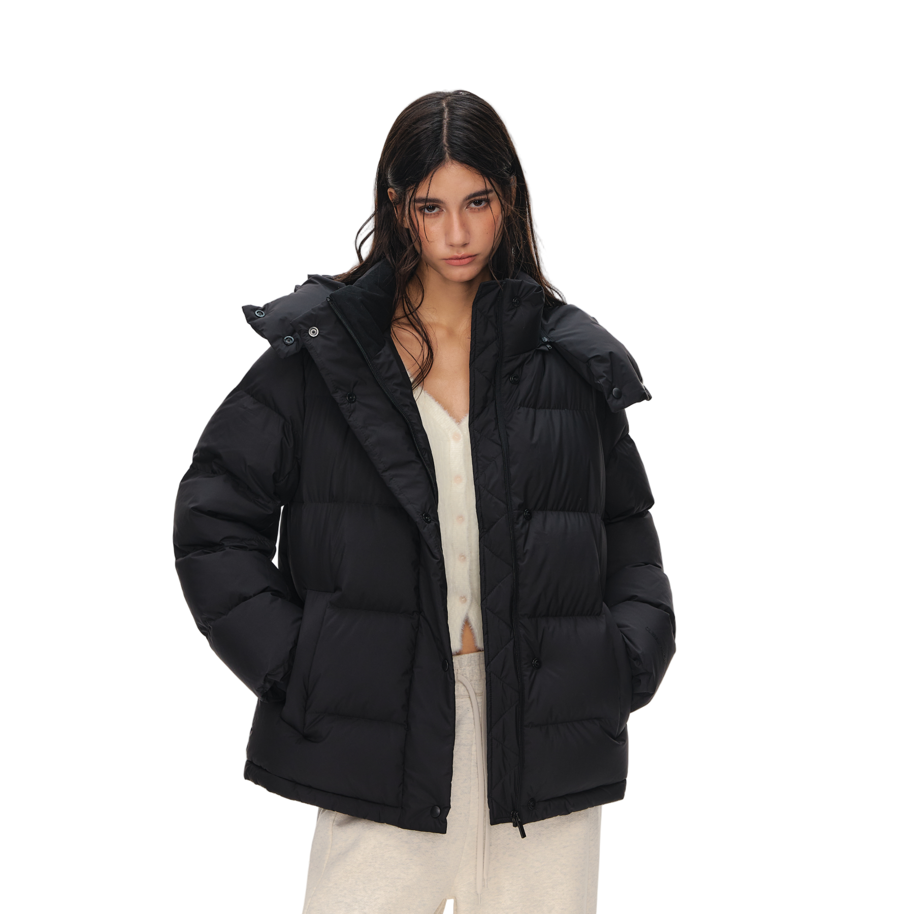 Black Detachable High-Neck Hooded Warm Down Jacket