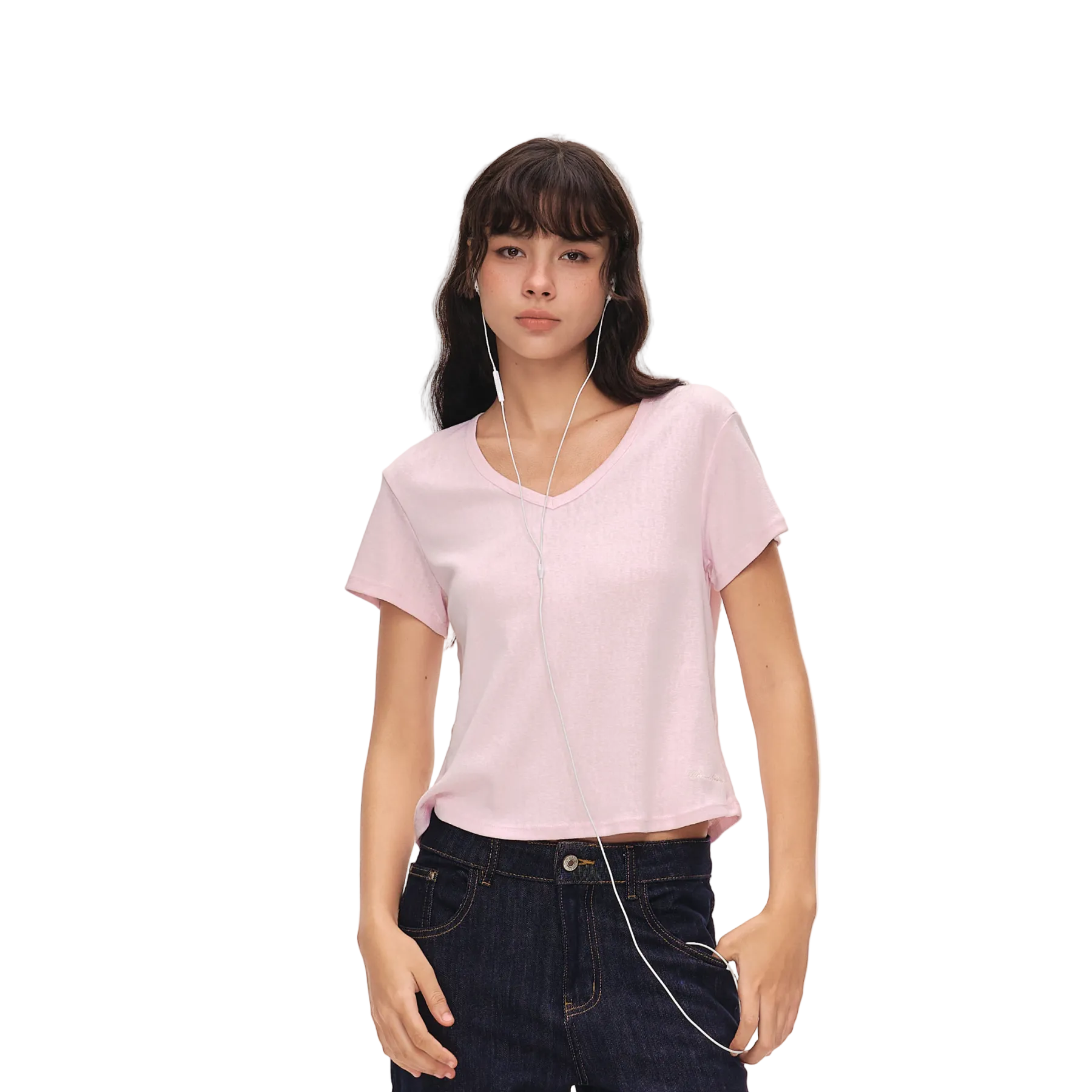 Pink Linen-Cotton Blend V-Neck Short-Sleeve T-Shirt