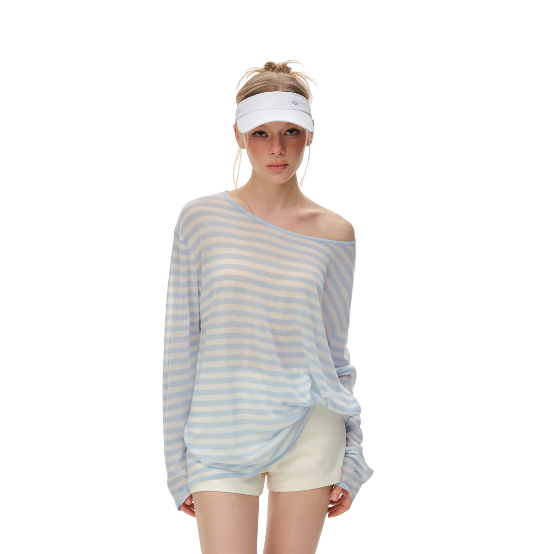Blue Tencel Linen Striped Off-Shoulder Cover-Up T-Shirt