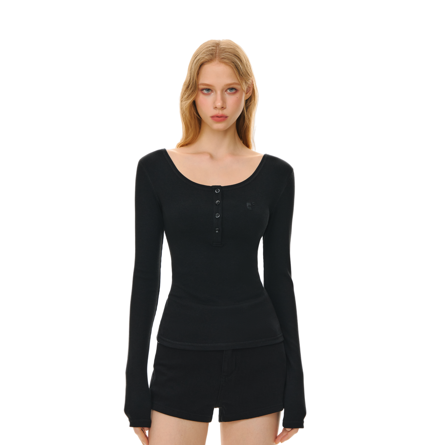 Black Basic All-match U-neck Elastic Henley Neck Long Sleeve