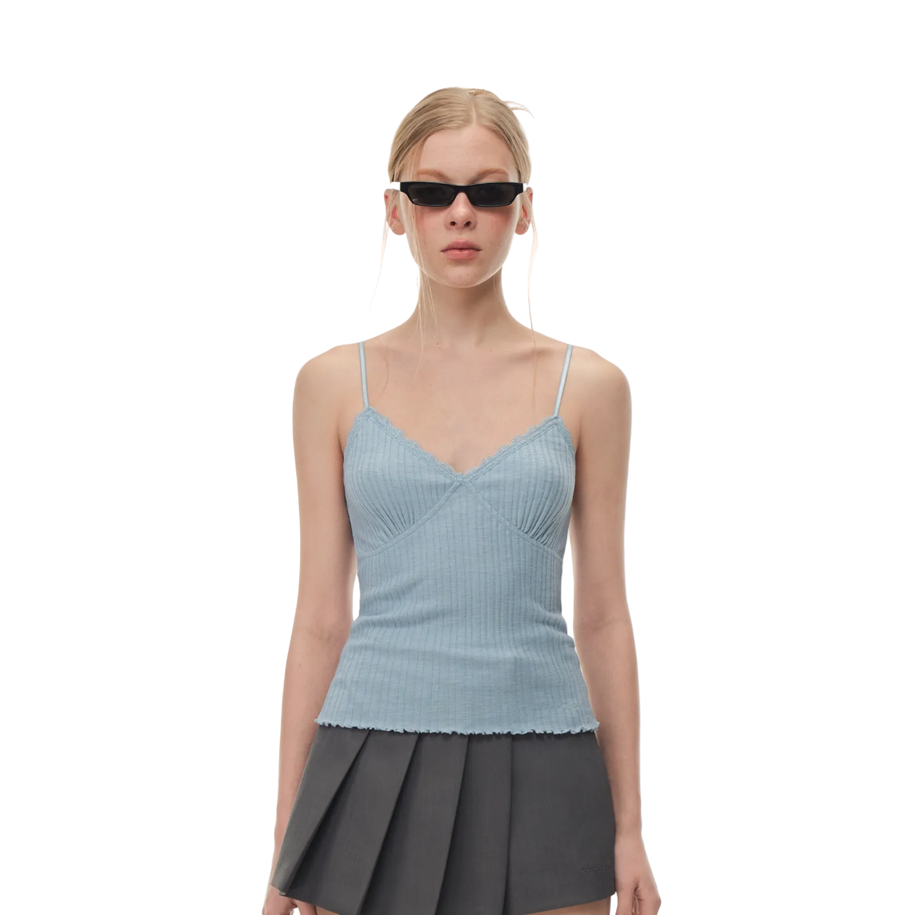 Blue Lace-Trimmed V-Neck Camisole