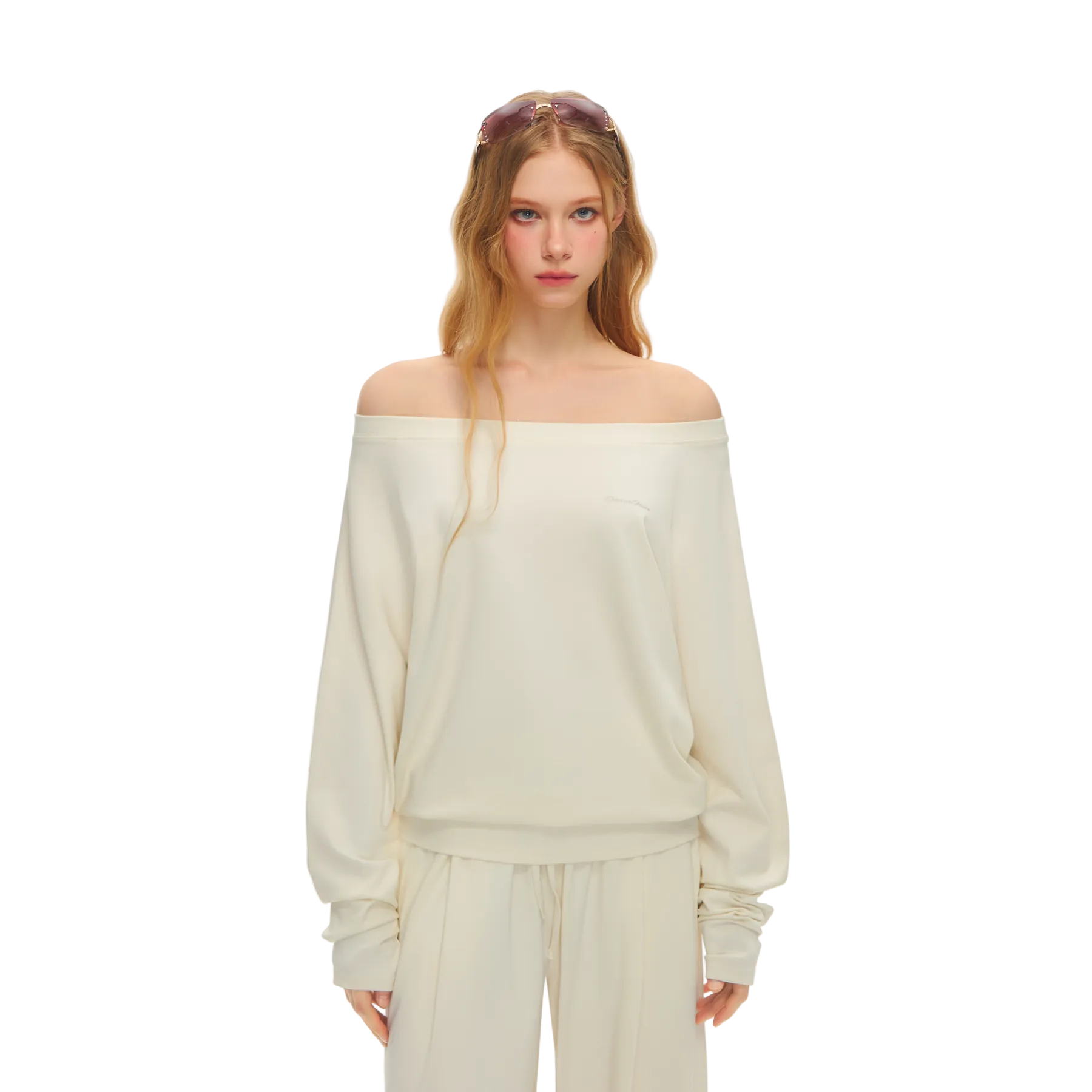 Beige Lyocell Off-Shoulder Lazy Long Sleeve