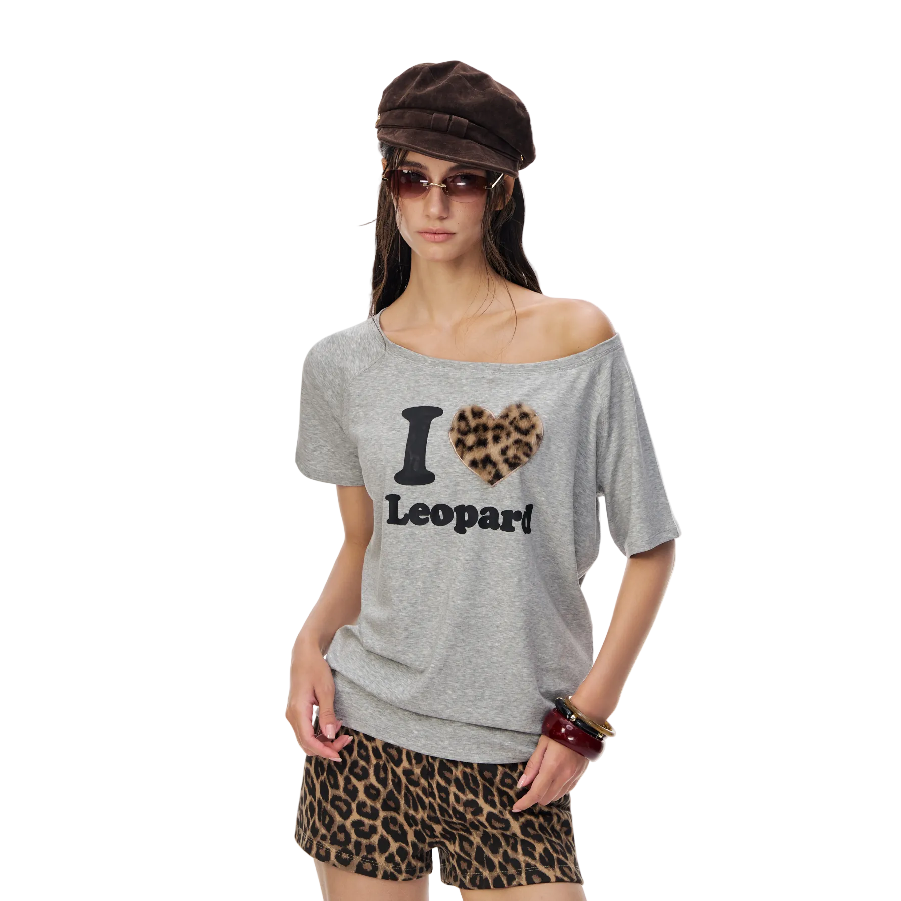 Grey Leopard Print Heart-Shaped Off-Shoulder Stacked Short Sleeve