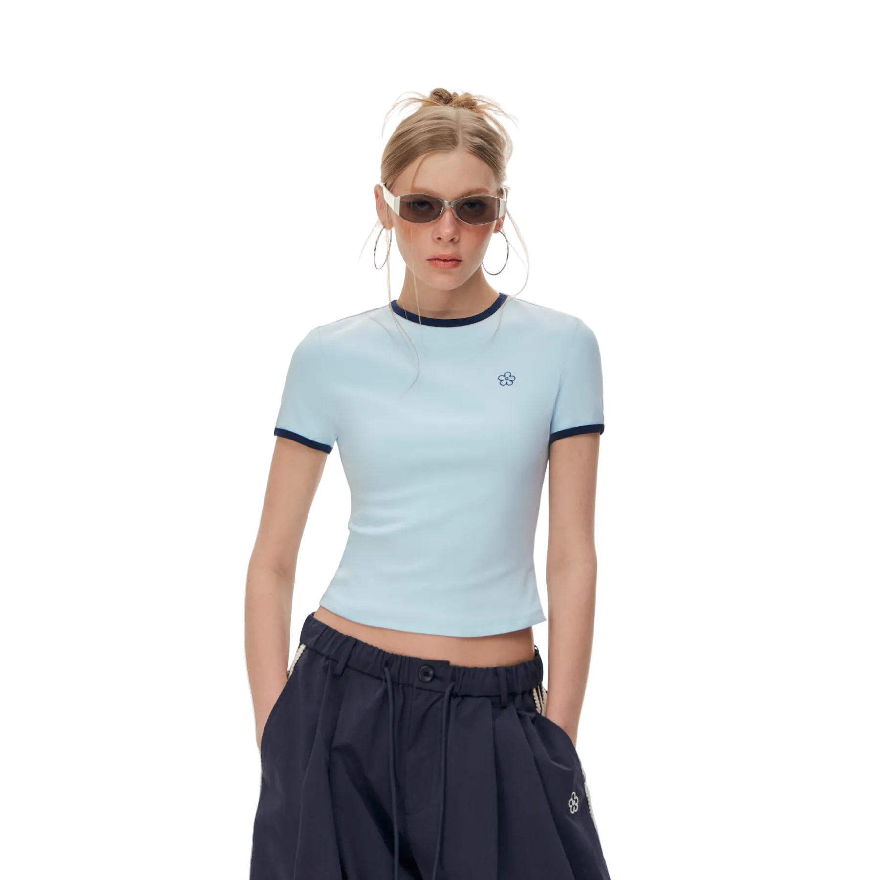 Blue Floral Embroidered Short-Sleeve T-Shirt