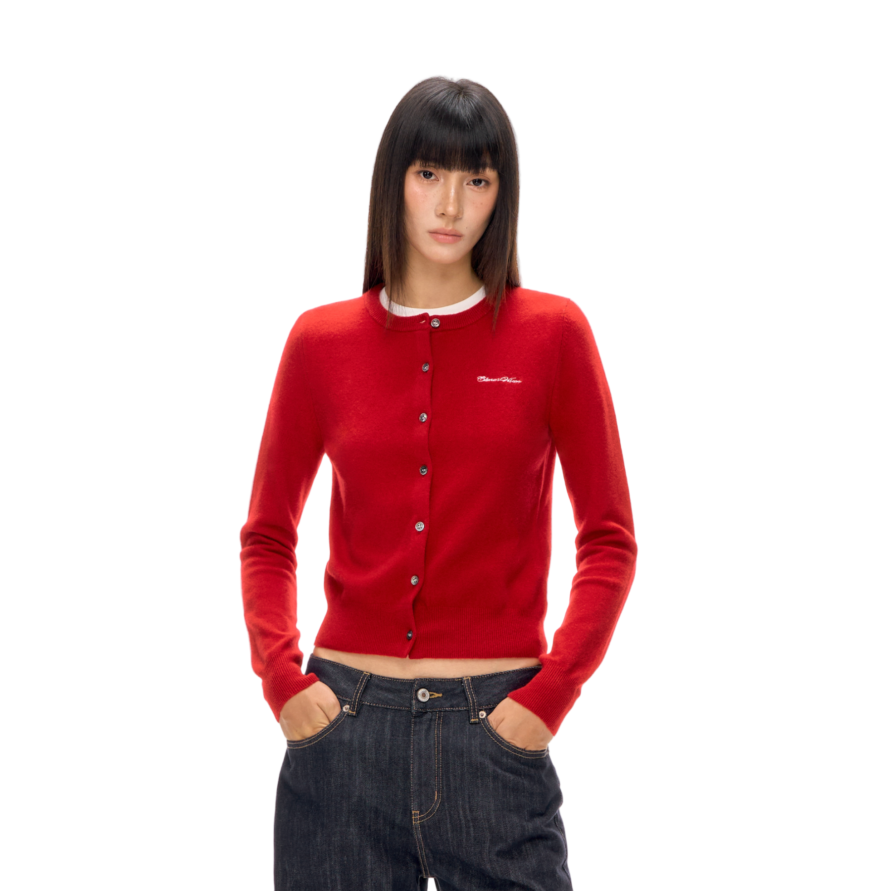 Red Wool Crew Neck Embroidered Knit Cardigan Sweater