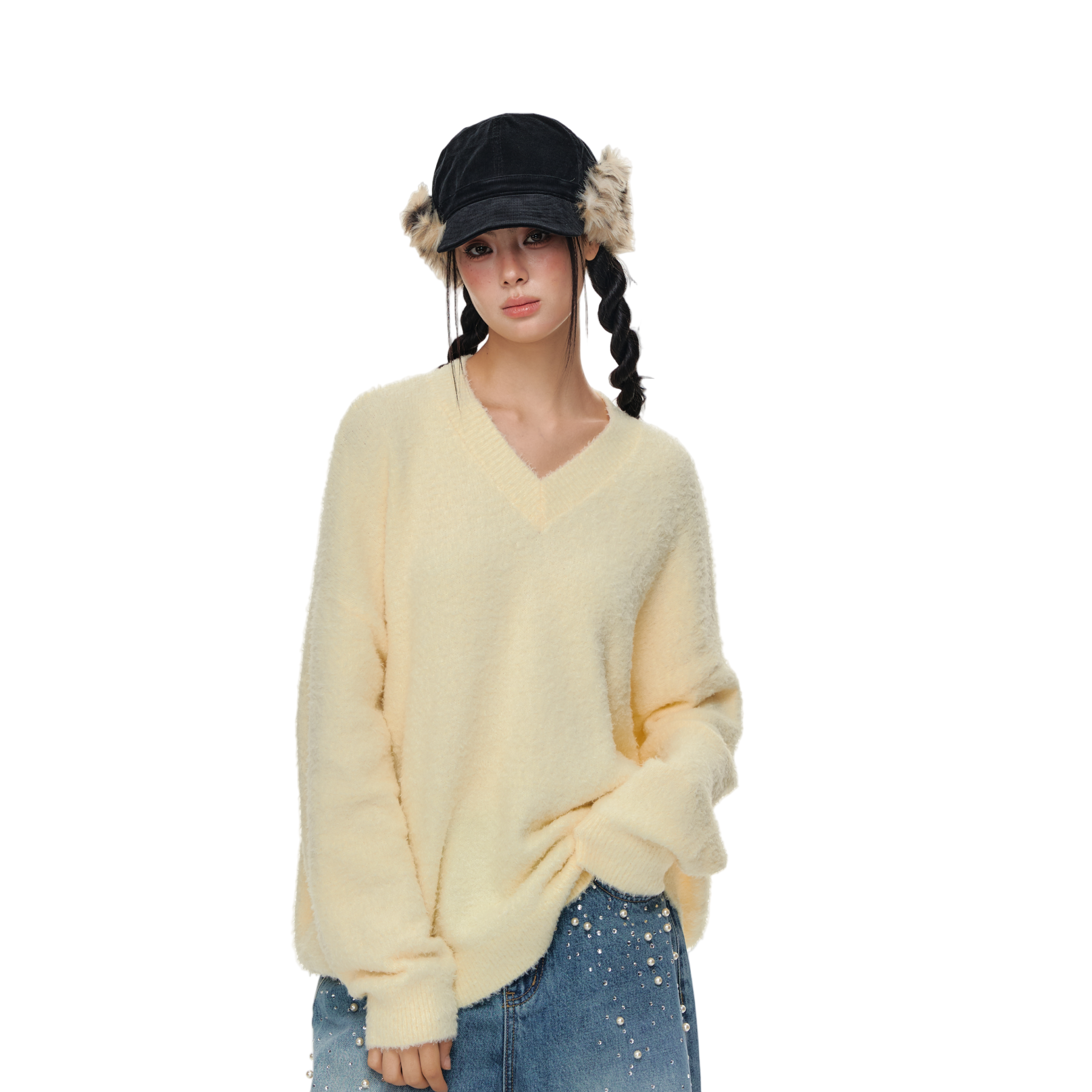 Yellow Lazy Style Cloud Fluffy Plush V-Neck Knit Sweater
