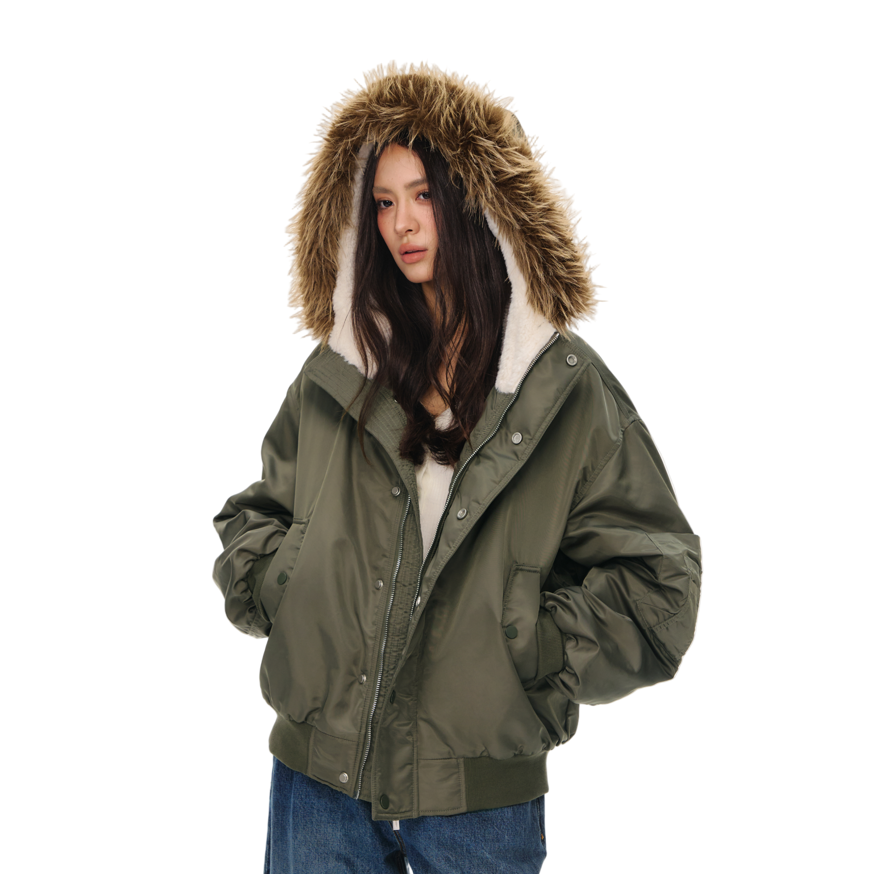 Green Retro Hooded Detachable Fur Collar Jacket Parka