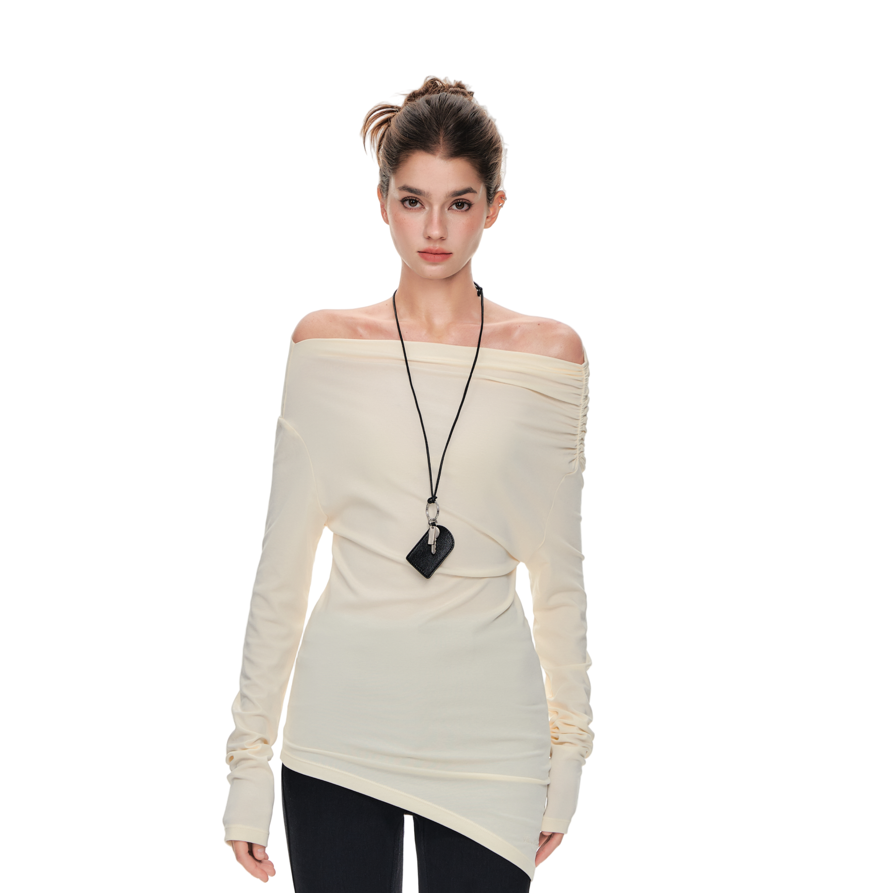 Beige Versatile Off Shoulder Pleated Lyocell Long Sleeves