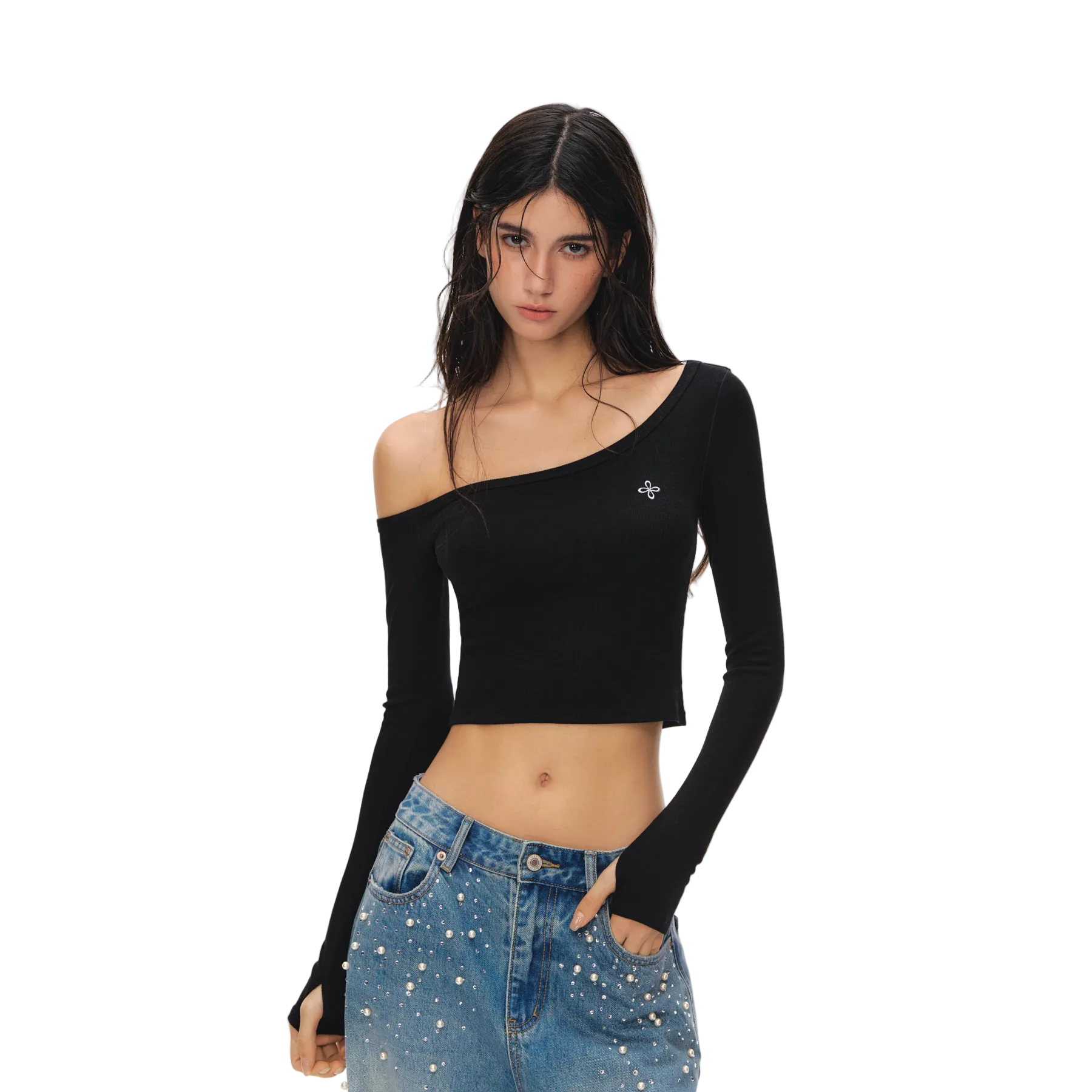 Black Cross Flower Asymmetrical Off-Shoulder Long Sleeve