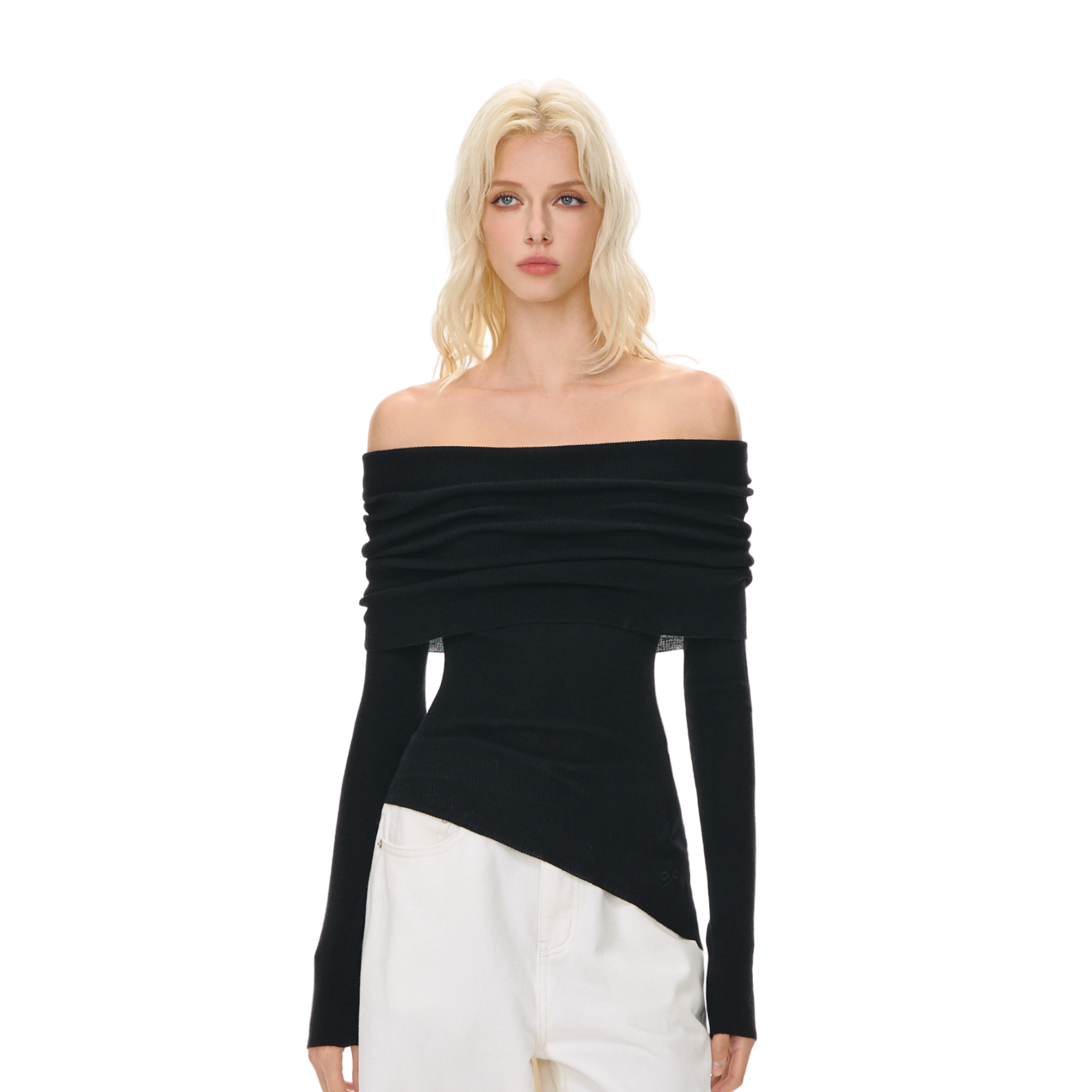 Black Wool Blend Stacked Pleated One-shoulder Knitted Long Sleeves