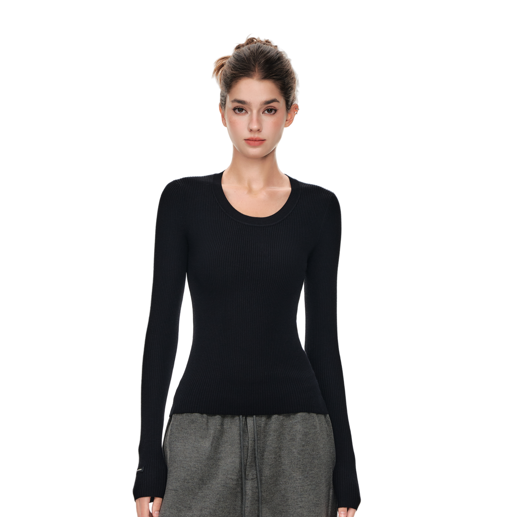 Black High Twist Bamboo Yarn U-Neck Striped Slim Fit Knitted Shirt