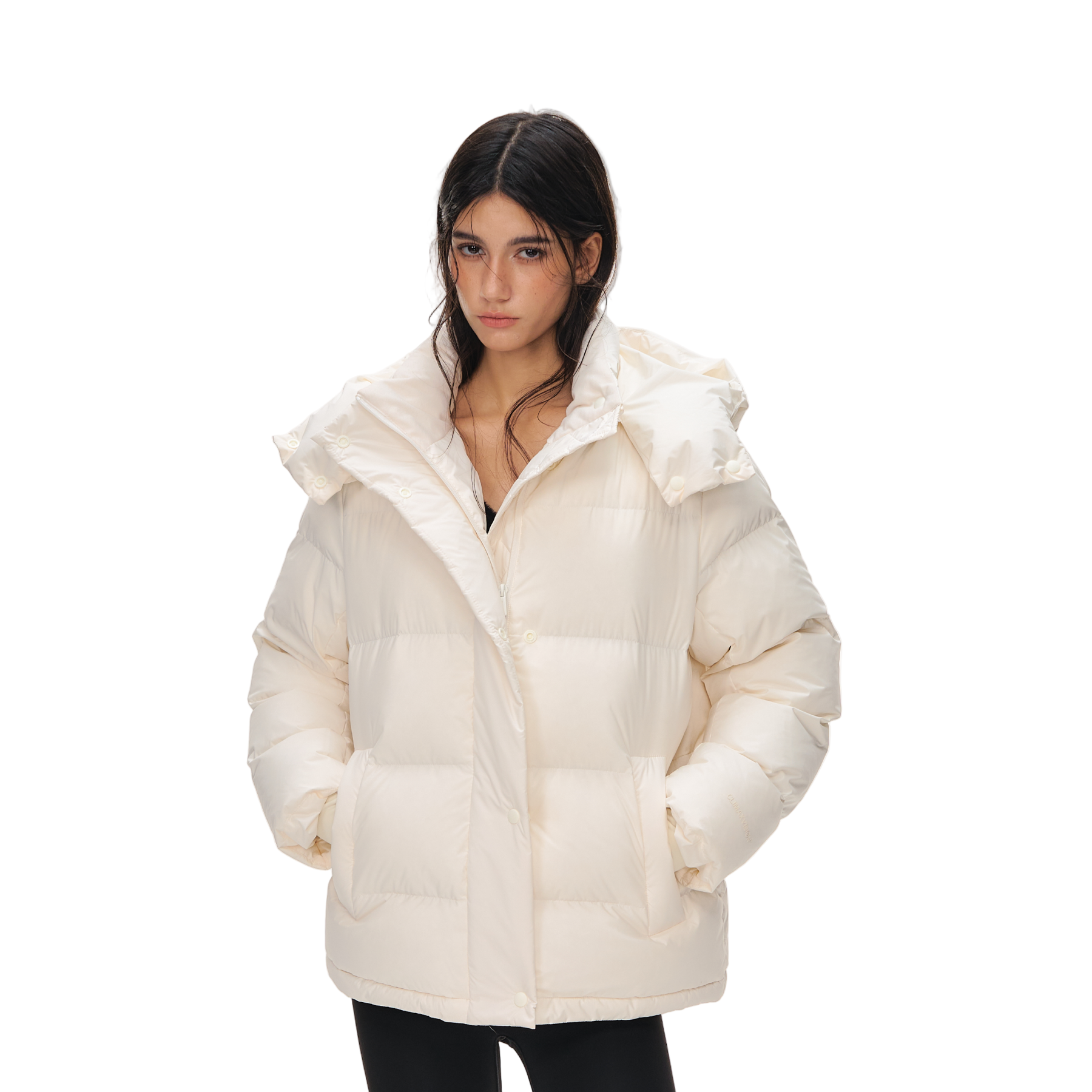 Beige Detachable High-Neck Hooded Warm Down Jacket