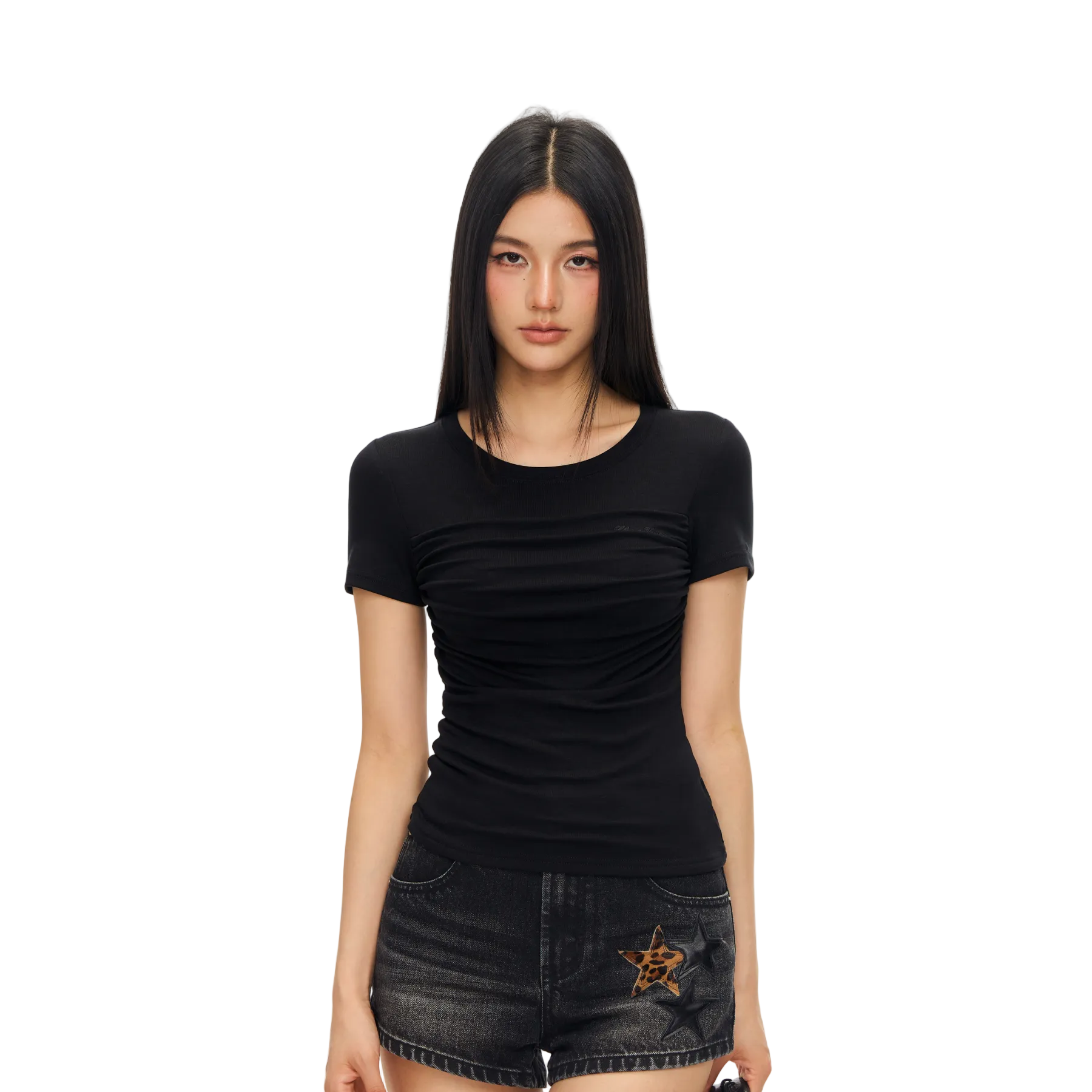 Black Lyocell Pleated Short Sleeve