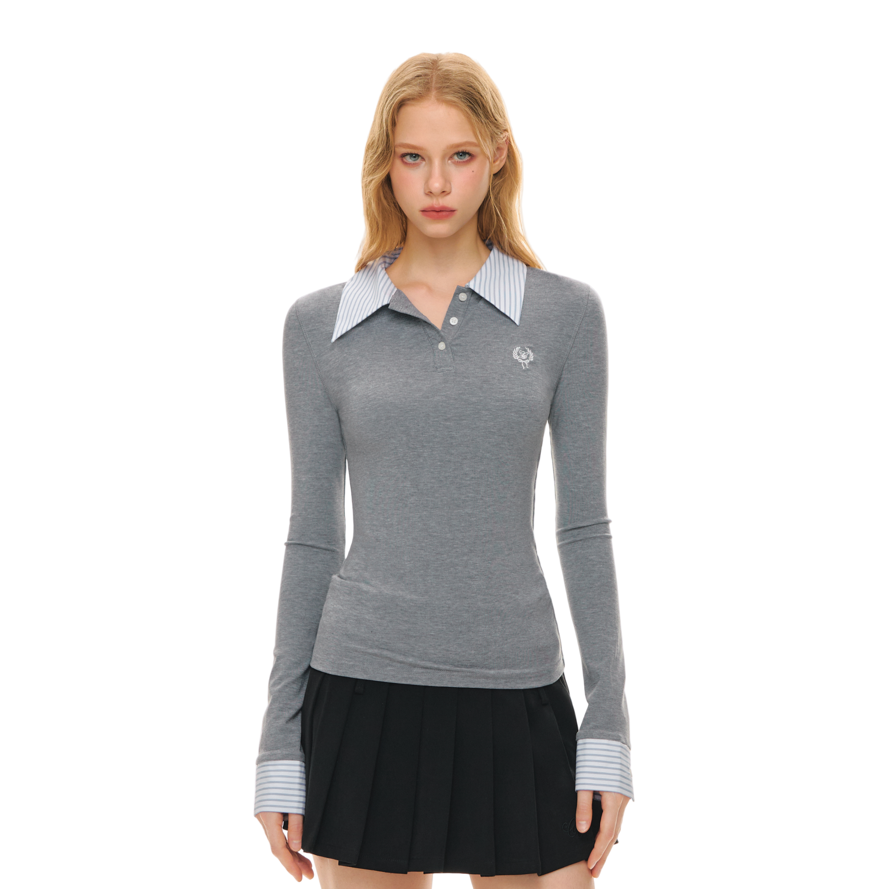 Gray Shirt Collar Fake Two-piece Tencel Rib Stitching Long Sleeves