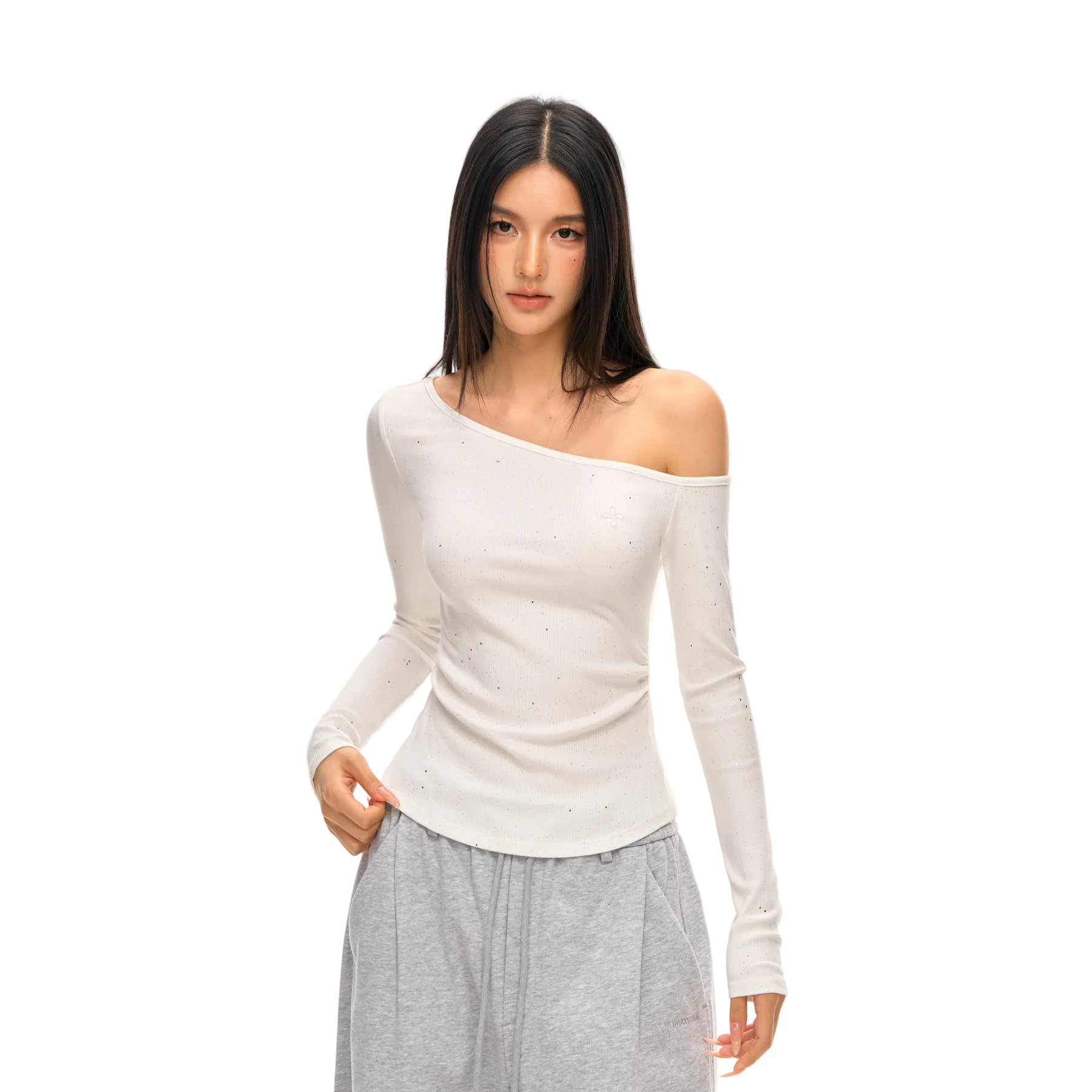 White Rhinestones Cross Off-Shoulder Long Sleeve