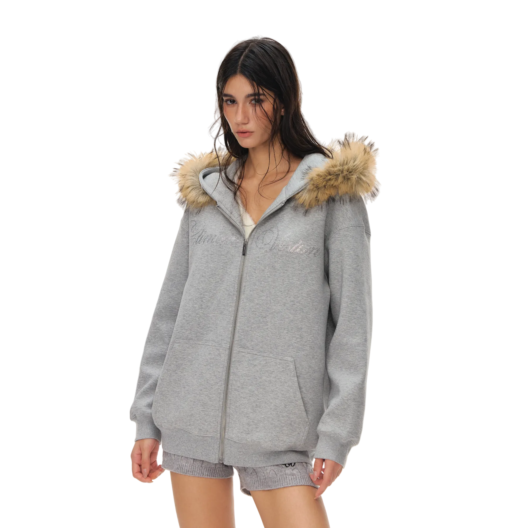 Grey Detachable Fur Collar Rhinestone Air Layer Hooded Sweatshirt