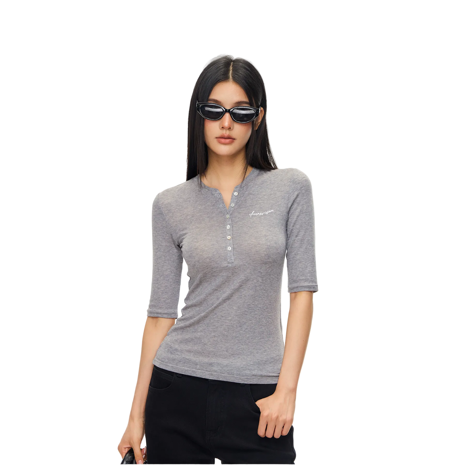 Grey Lyocell Wool Blend Henry Mid-Sleeve T-Shirt