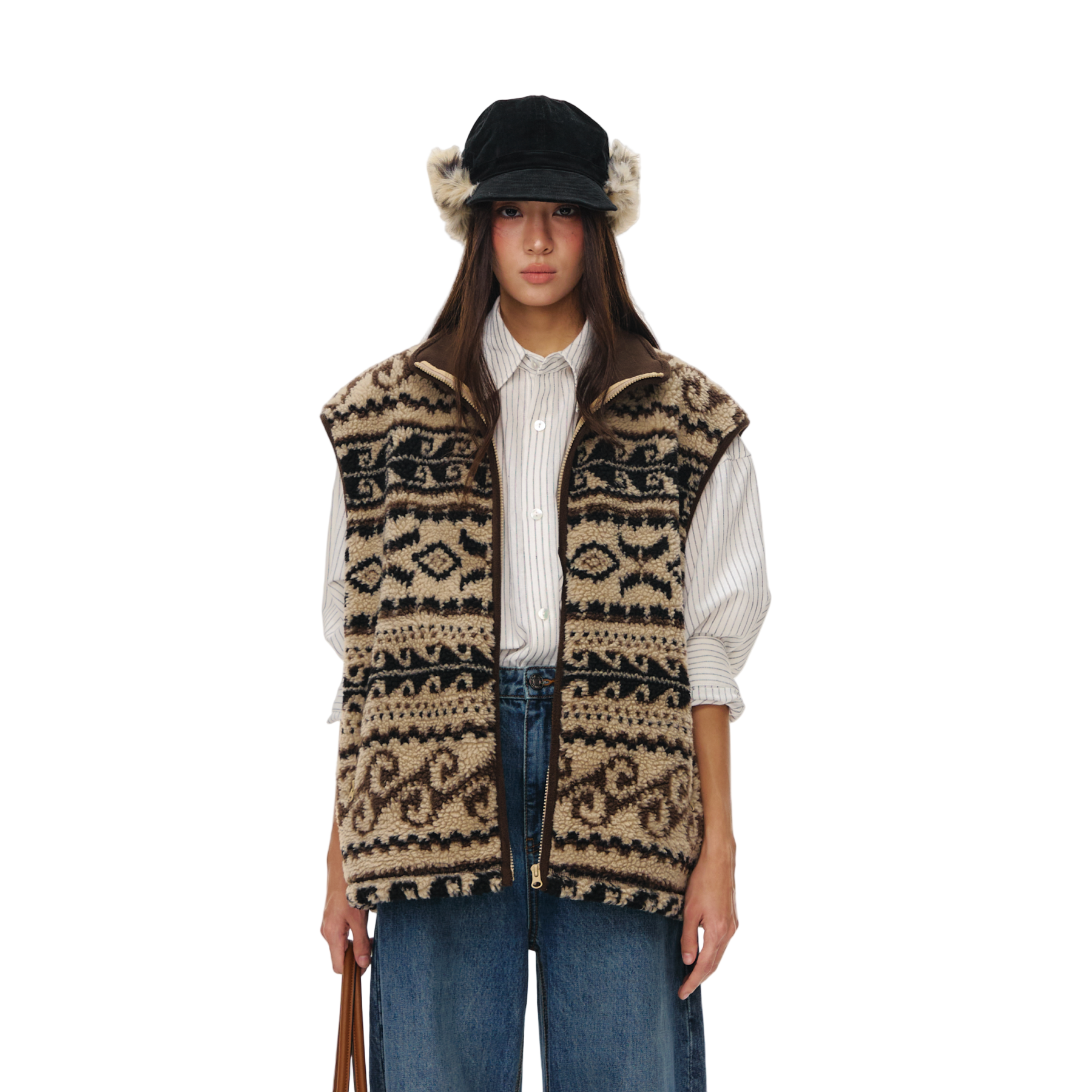 Khaki Fair Isle Vintage Pattern Double-Sided Fleece Vest