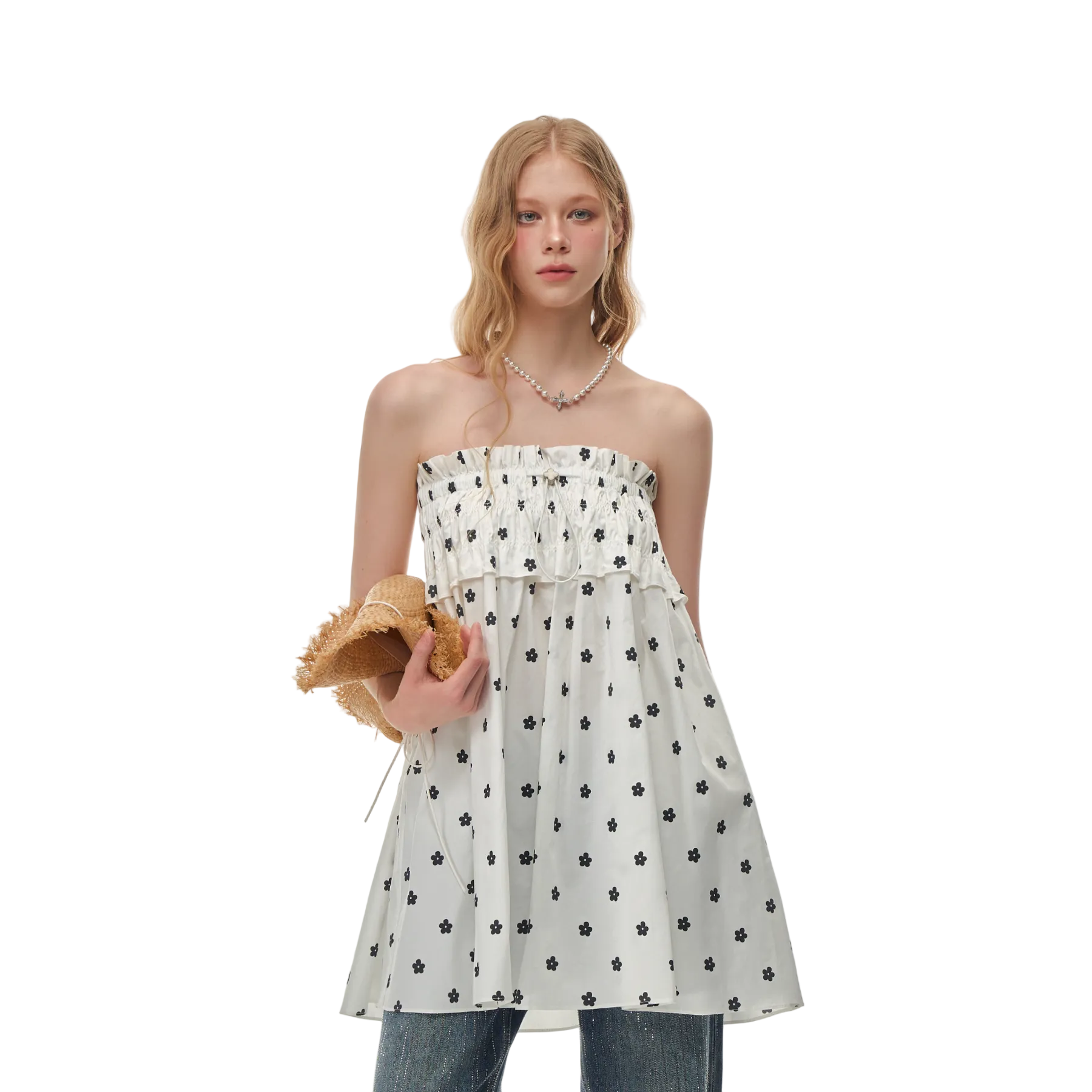 White Printed Two-Way Drawstring Strapless Dress/Skirt