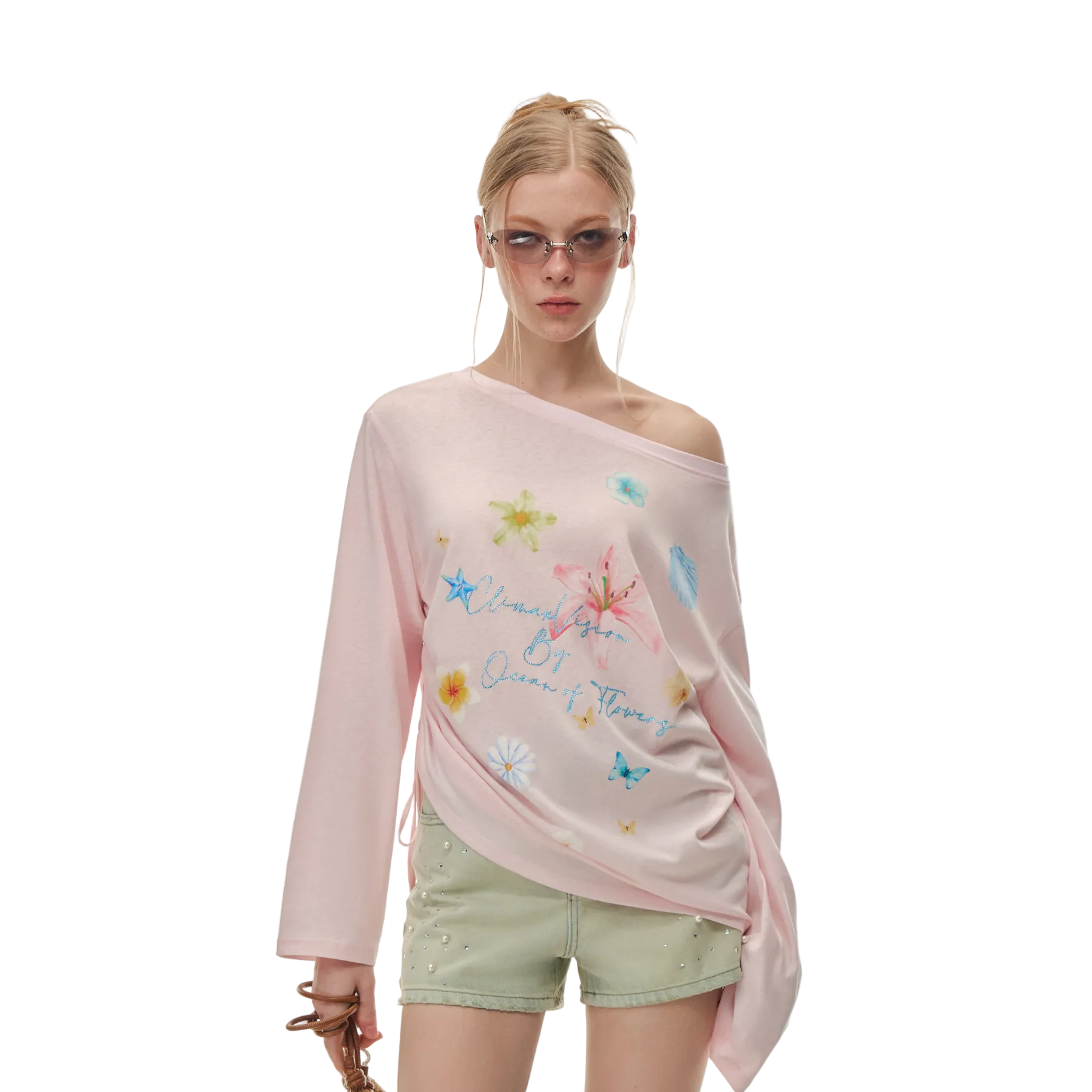 Pink Lyocell Floral Rhinestone Off-Shoulder Long Sleeve