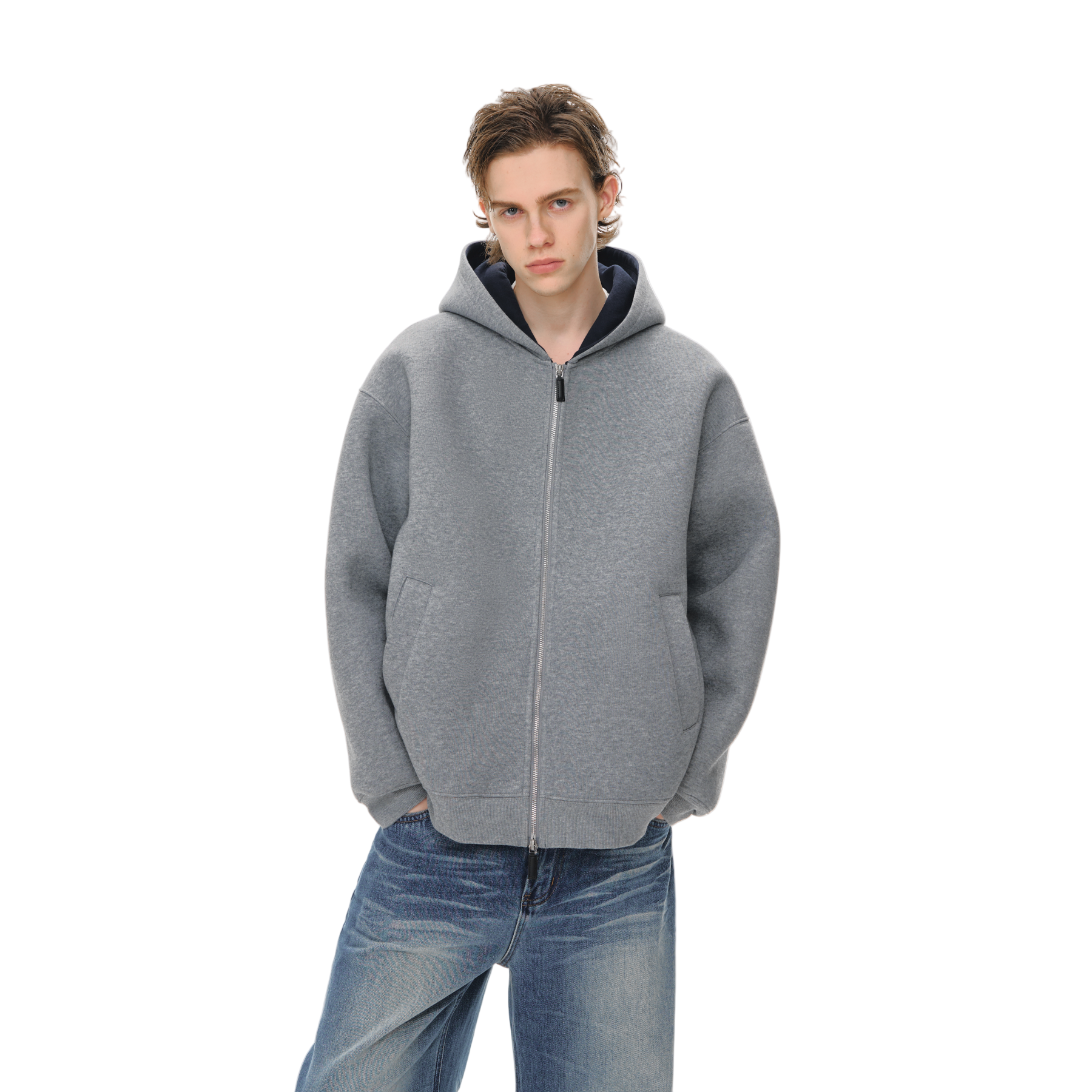 Two-Tone Air Layer Profile Zipper Cardigan In Grey and Navy