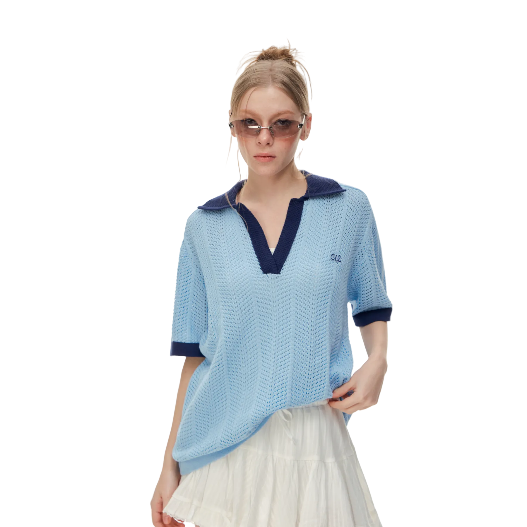 Blue Color Block Polo Collar Hollow-Out Knit Short Sleeve