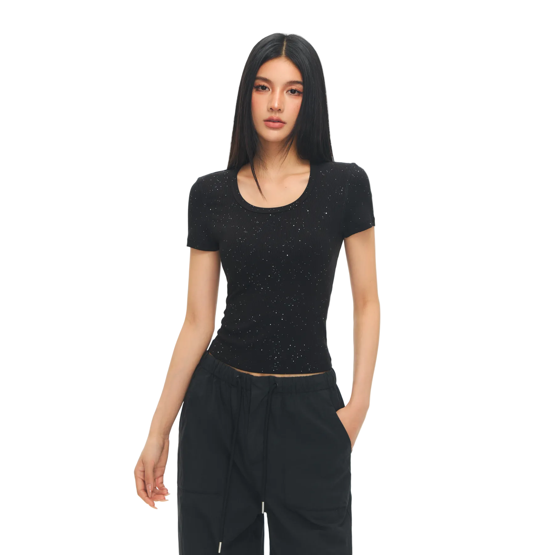 Black Cross Flower Rhinestone Elastic U-Neck T-shirt