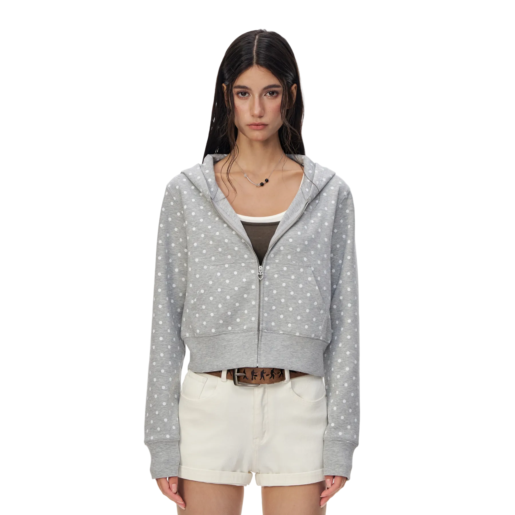 Grey Polka Dot Hooded Zip-Up Sweatshirt Short Jacket