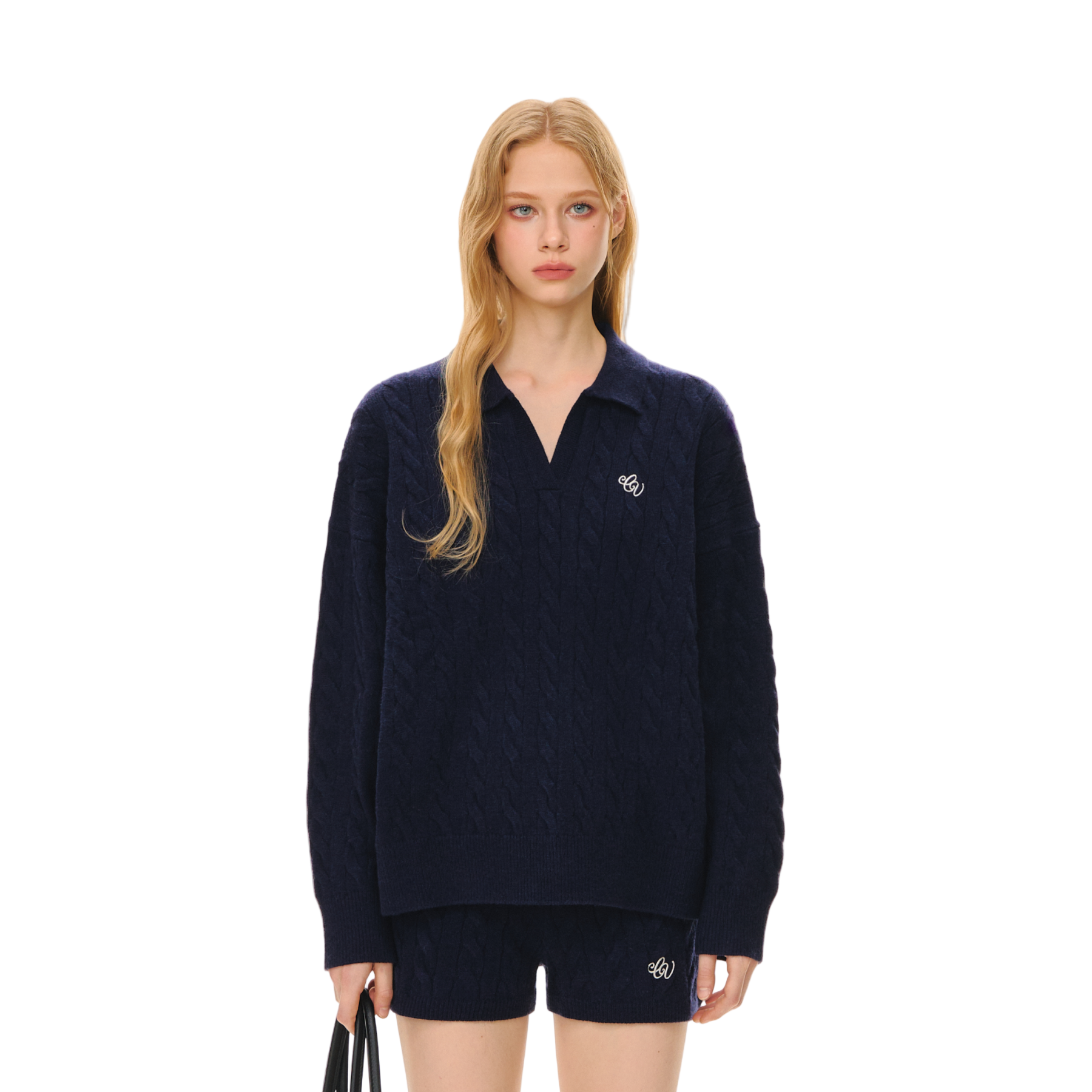 Navy Blue Cable Knit Suit Polo Collar Embroidered Soft Knit Sweater