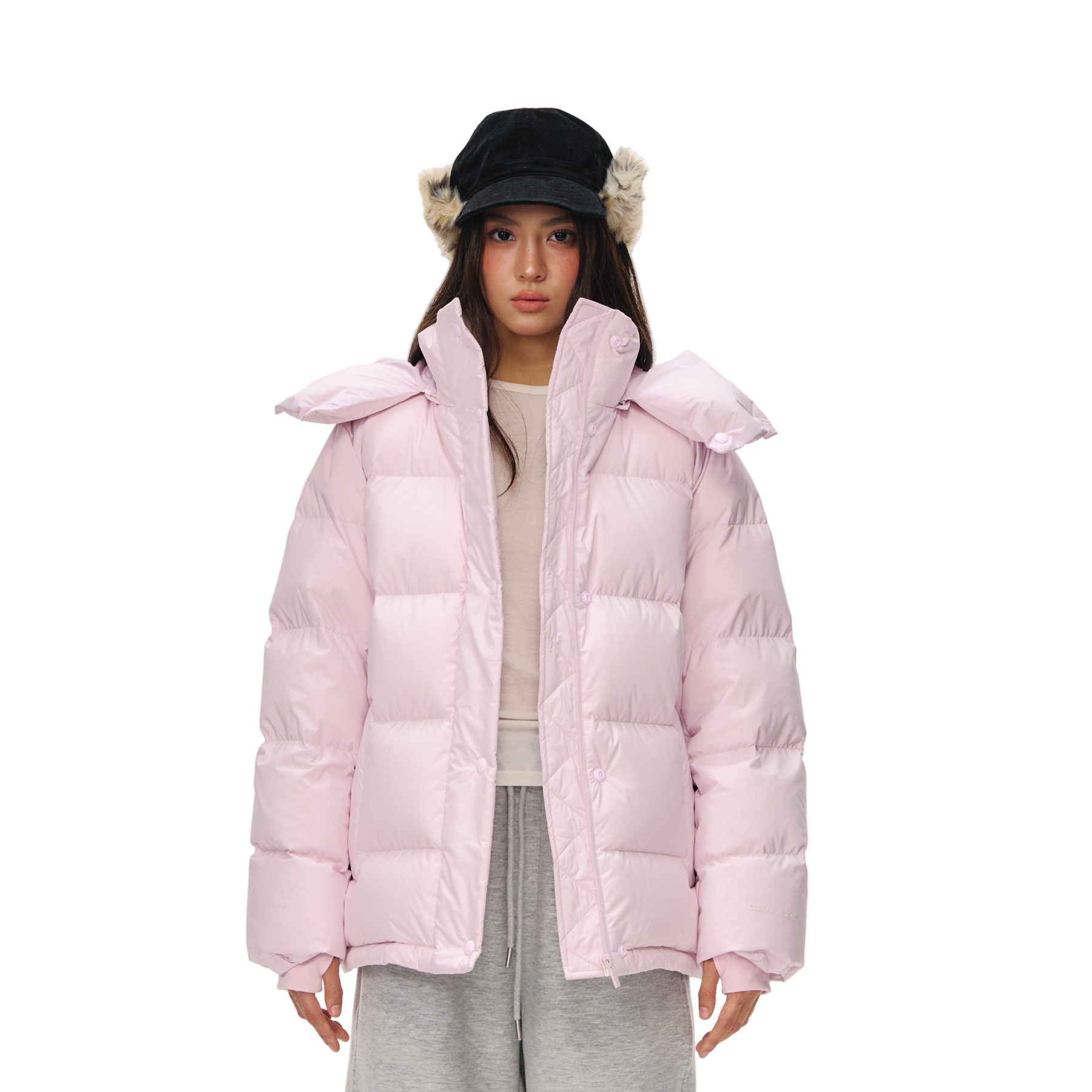 Pink Detachable High-Neck Hooded Warm Down Jacket