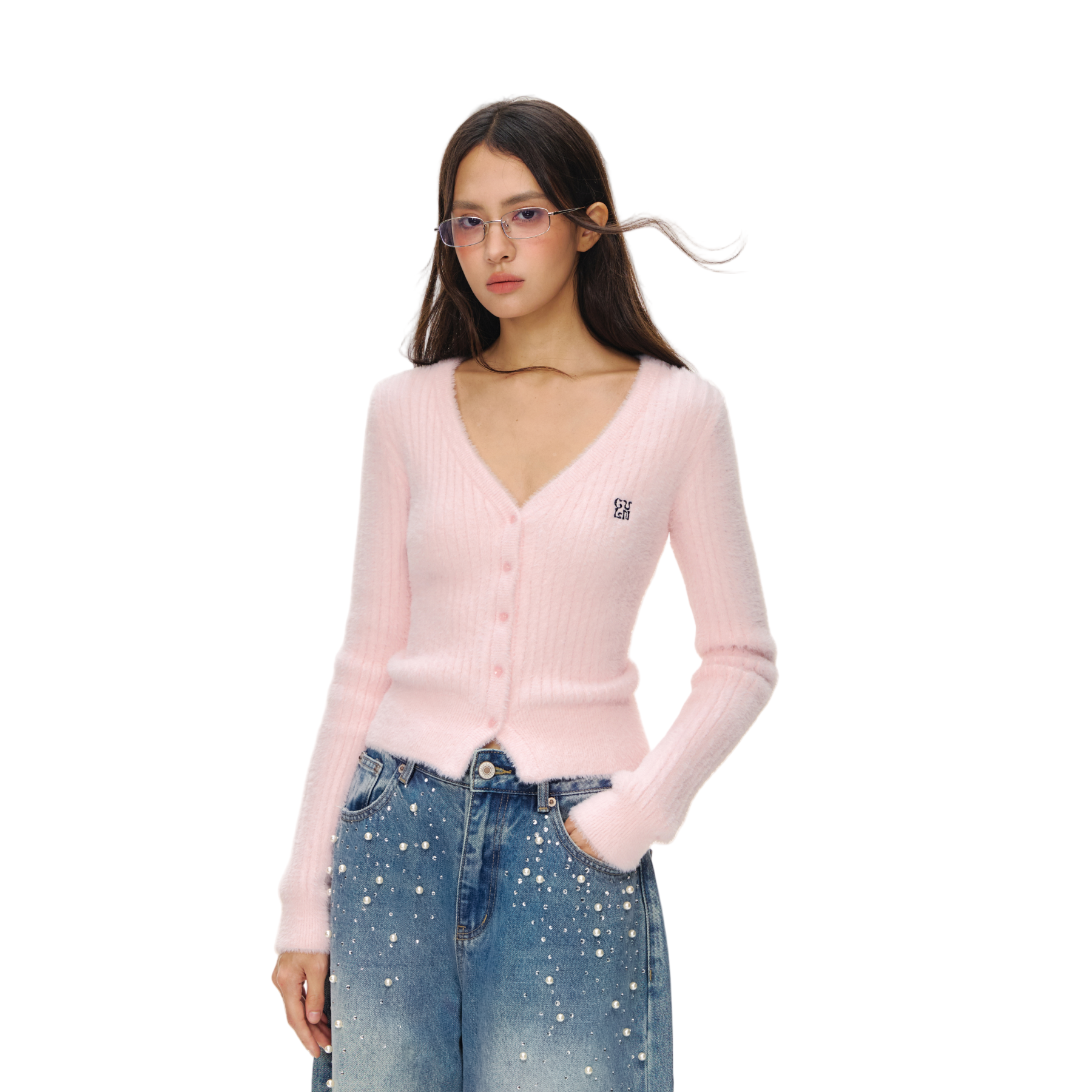 Pink Faux Mink V-neck Ribbed Knit Cardigan