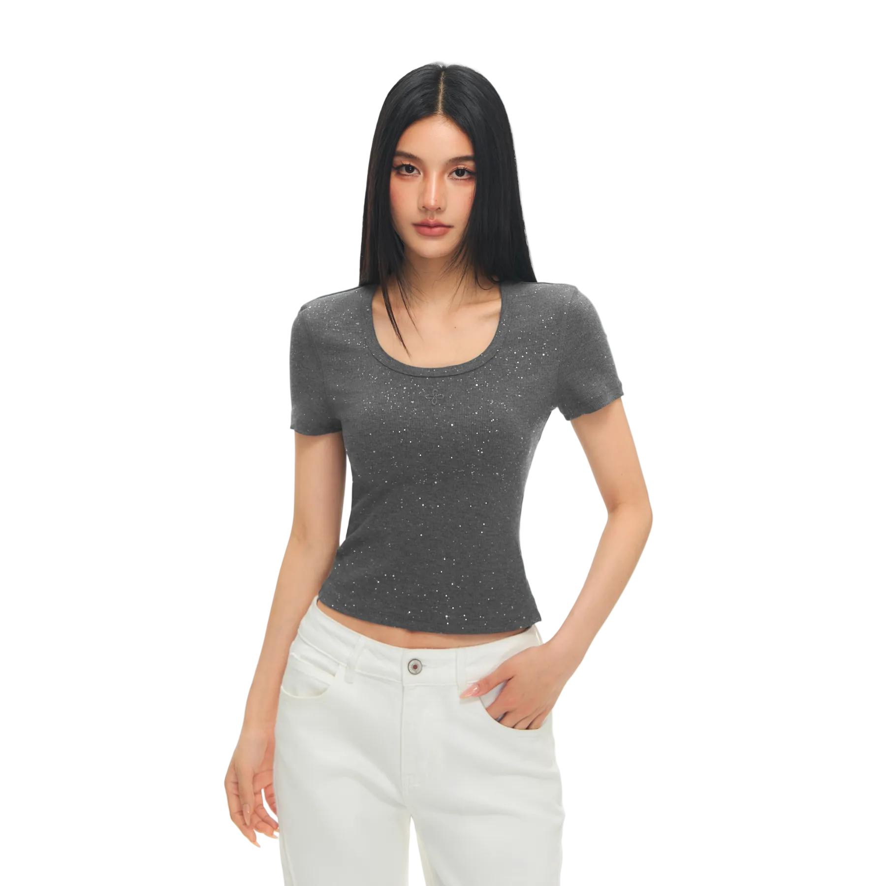 Gray Cross Flower Rhinestone Elastic U-Neck T-shirt