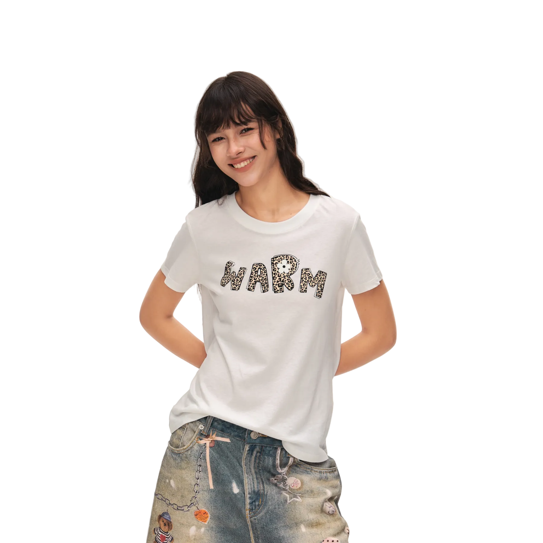White Linen Leopard Print Letter Print Short-Sleeve T-Shirt