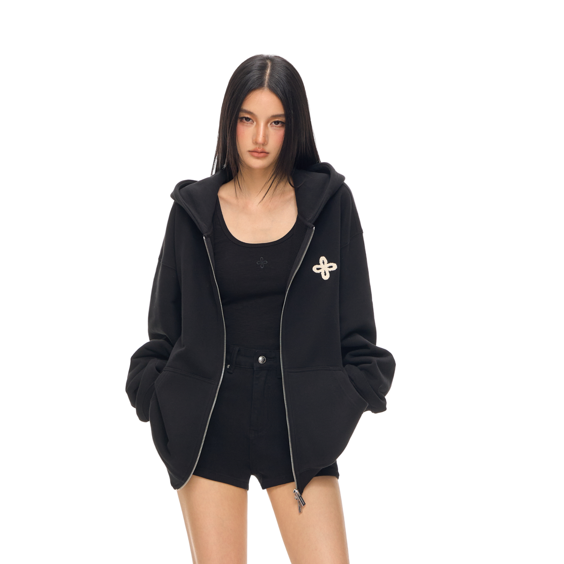 Black Cross-Patterned Fur Zip-Up Cardigan Hoodie