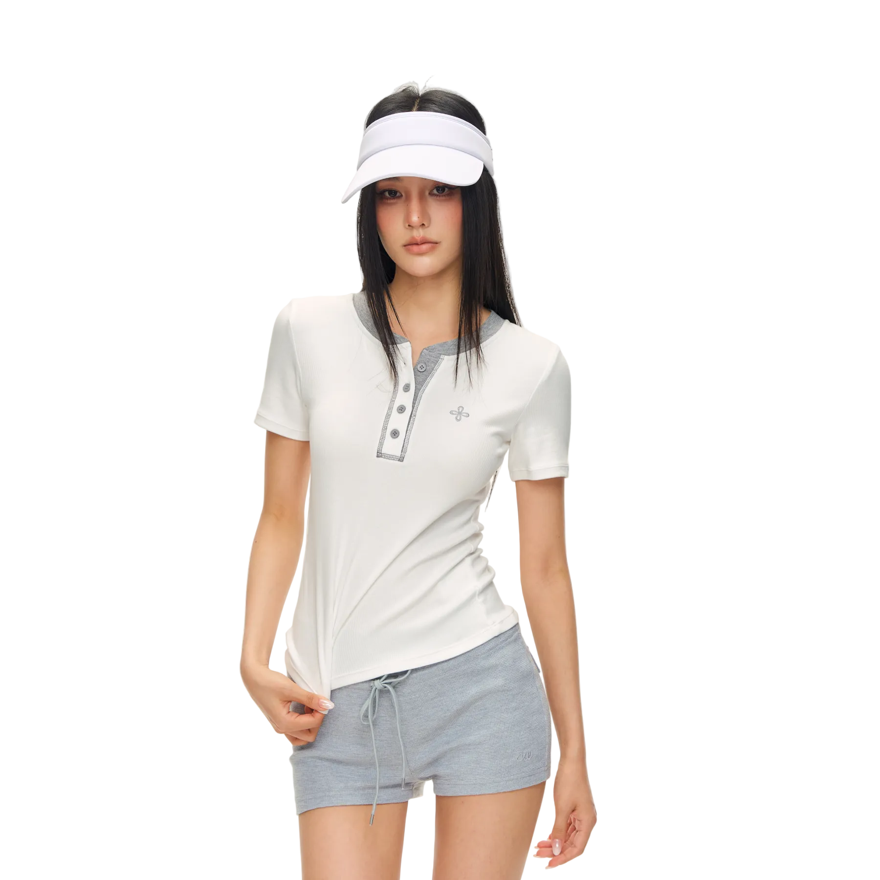 White Cross Contrast Henley Collar Slim Fit Short Sleeve