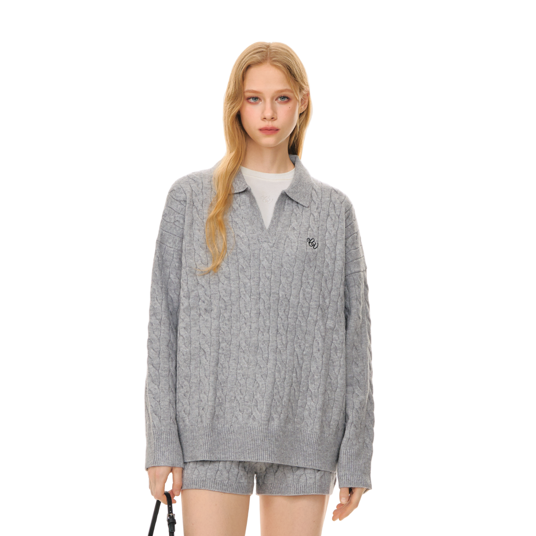 Grey Cable Knit Suit Polo Collar Embroidered Soft Knit Sweater