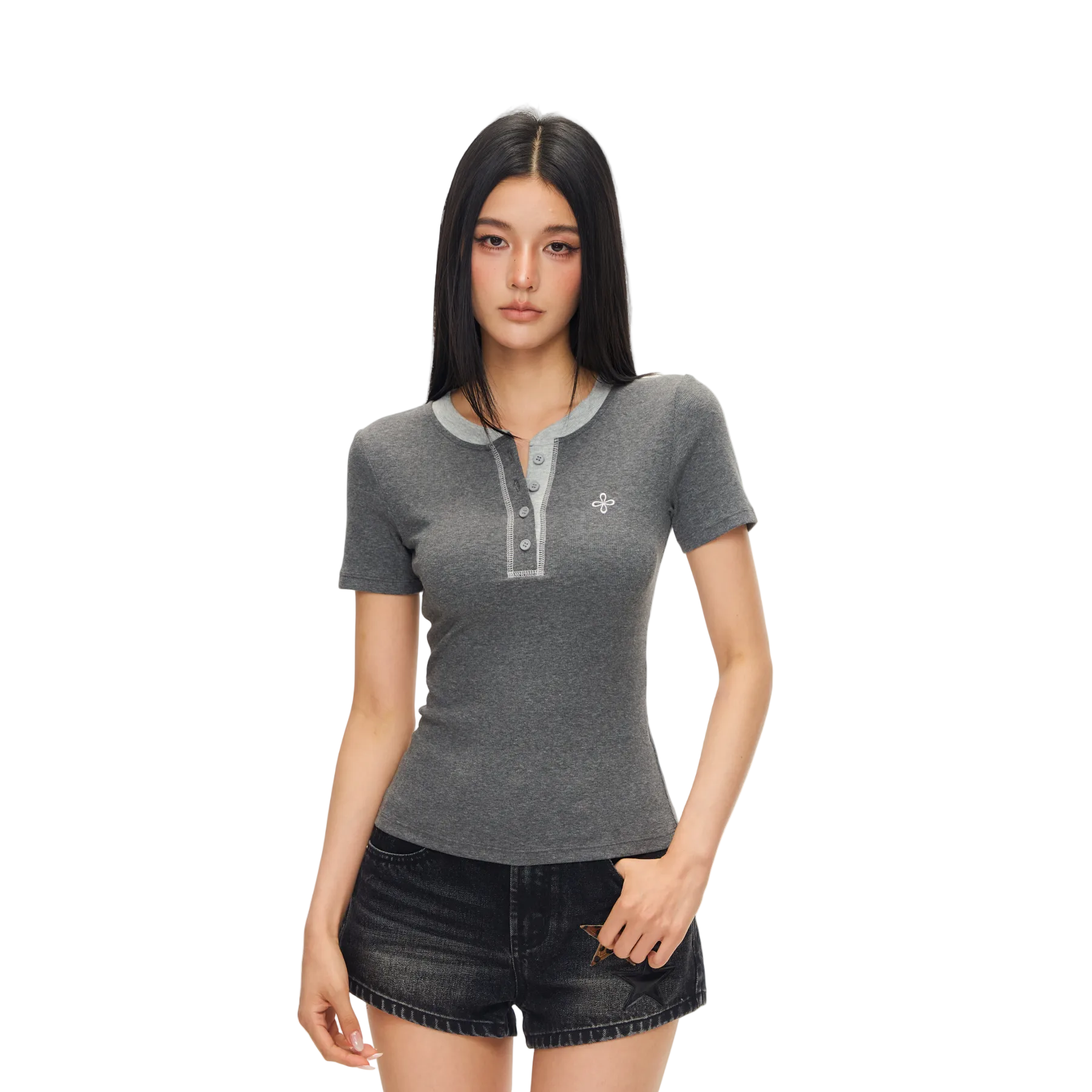 Grey Cross Contrast Henley Collar Slim Fit Short Sleeve