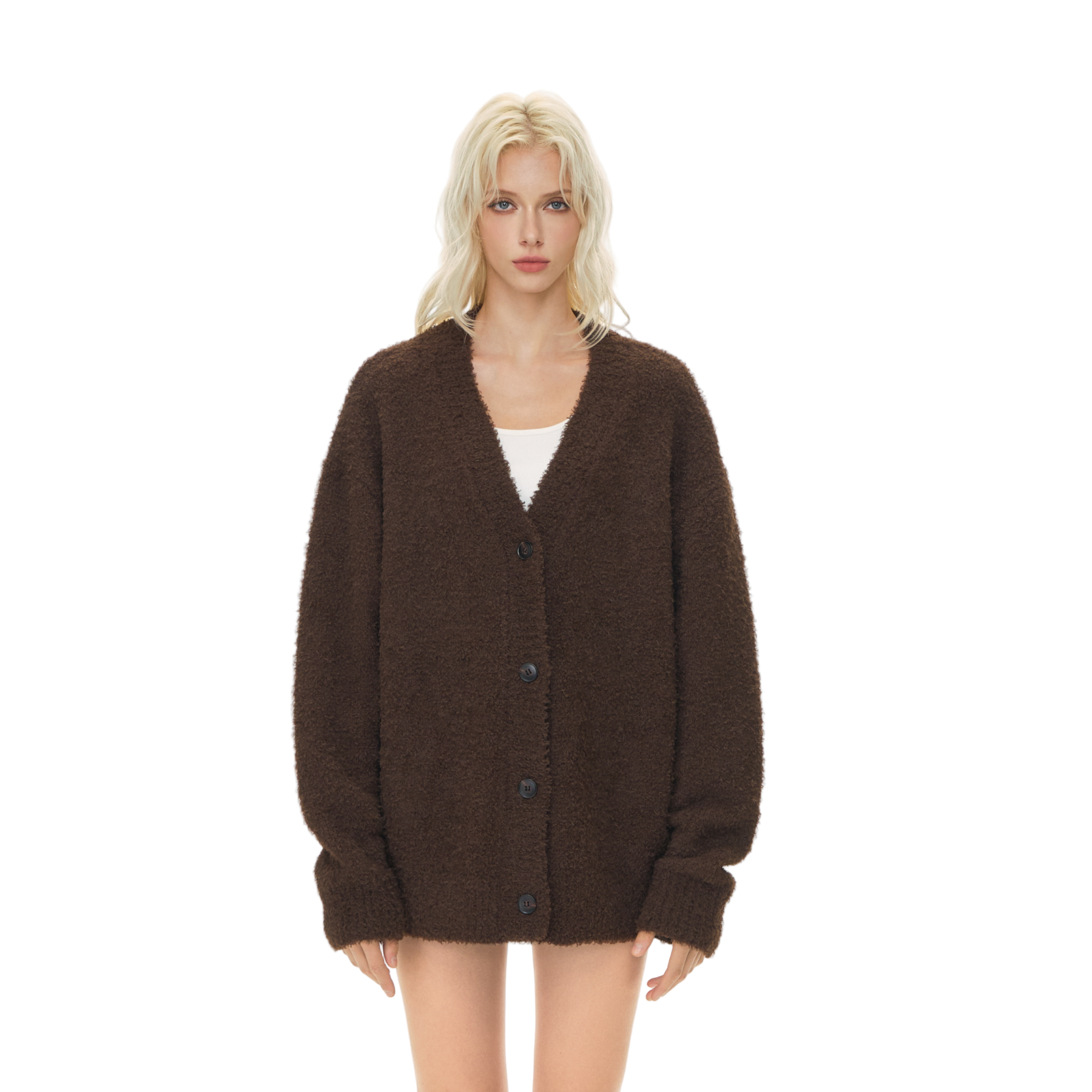 Curly Plush Special Yarn Horn Button Lazy Sweater Jacket In Brown