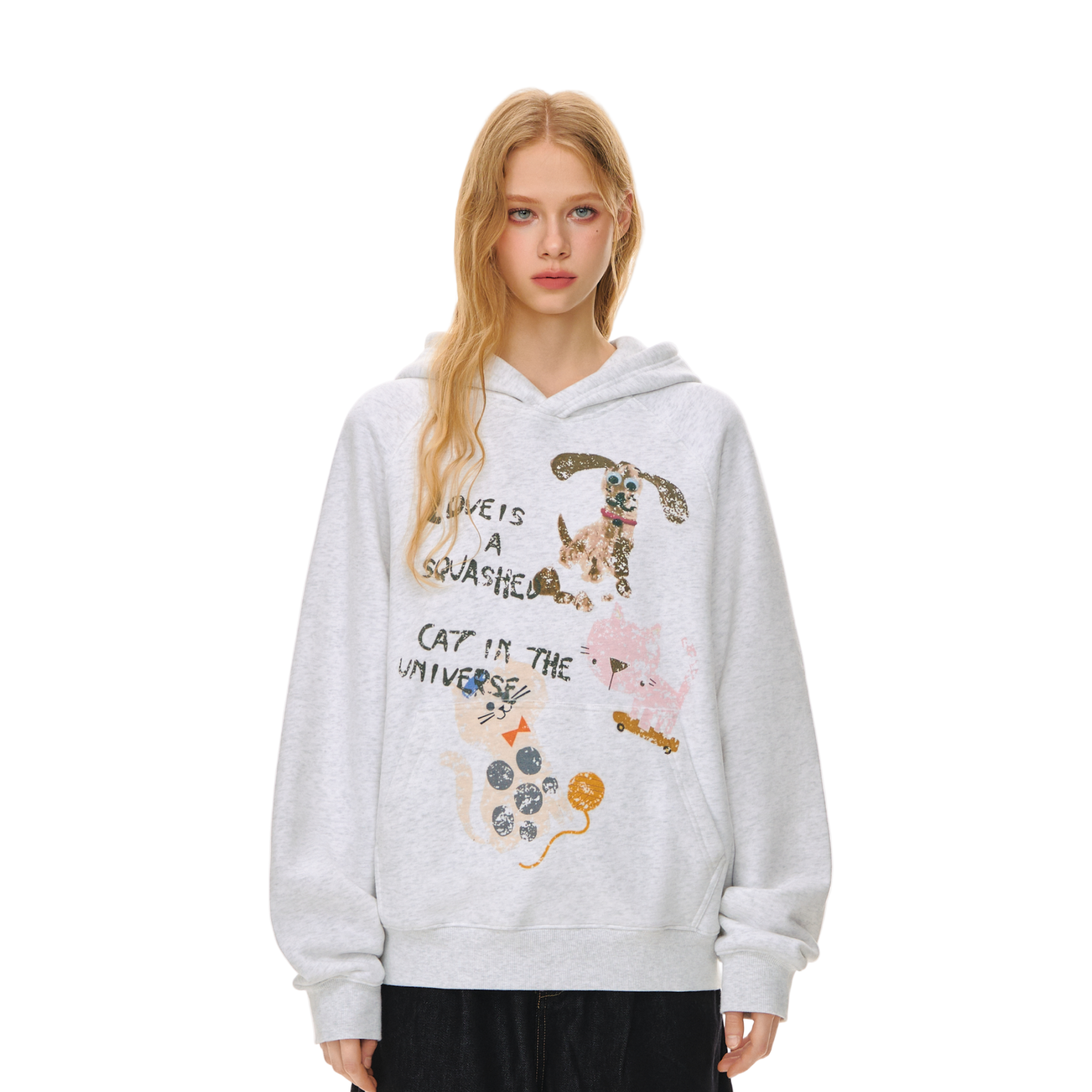 Oatmeal Hand-painted Graffiti Print Raglan Hooded Sweatshirt