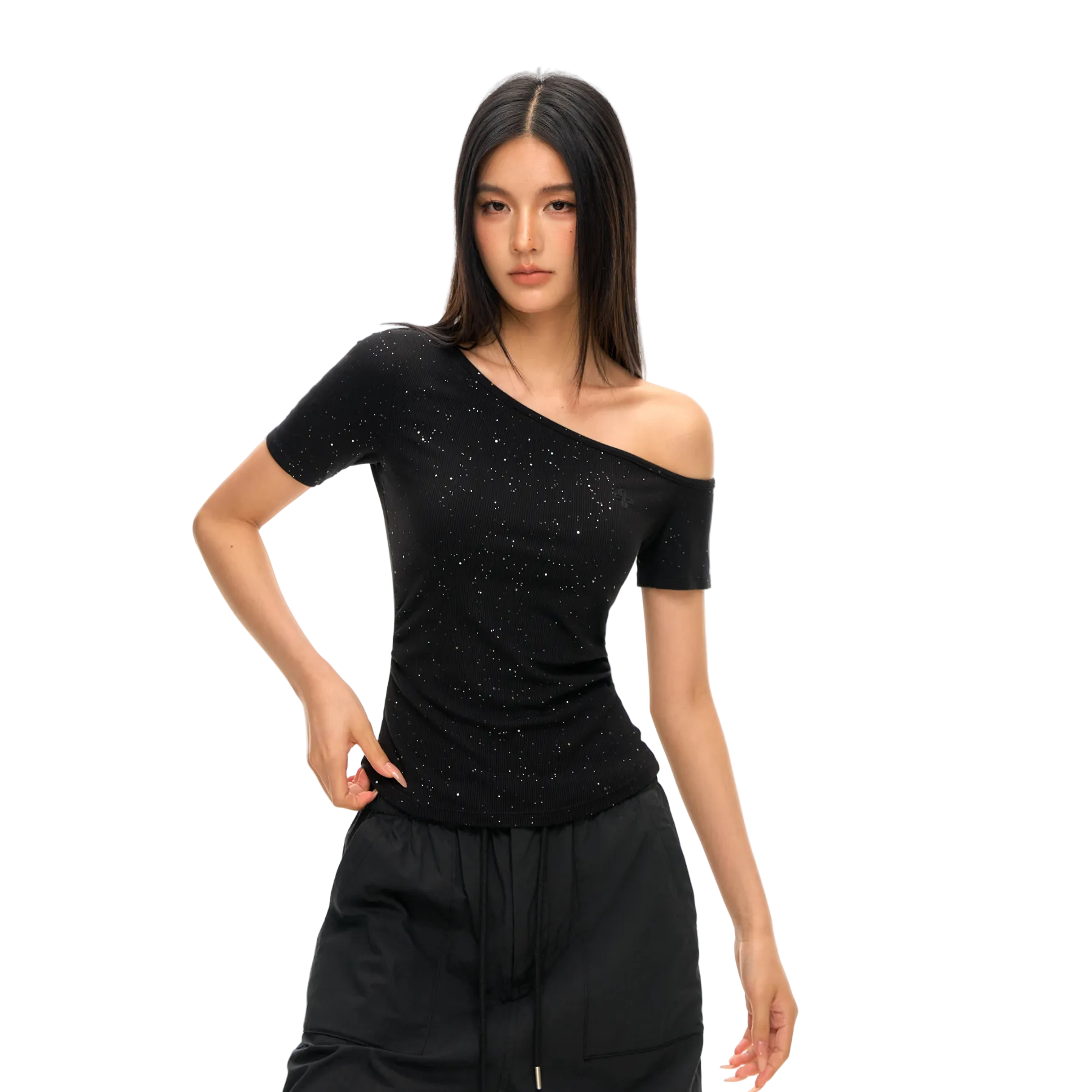 Black Cross Flower Rhinestone Asymmetrical Off-Shoulder Short Sleeve
