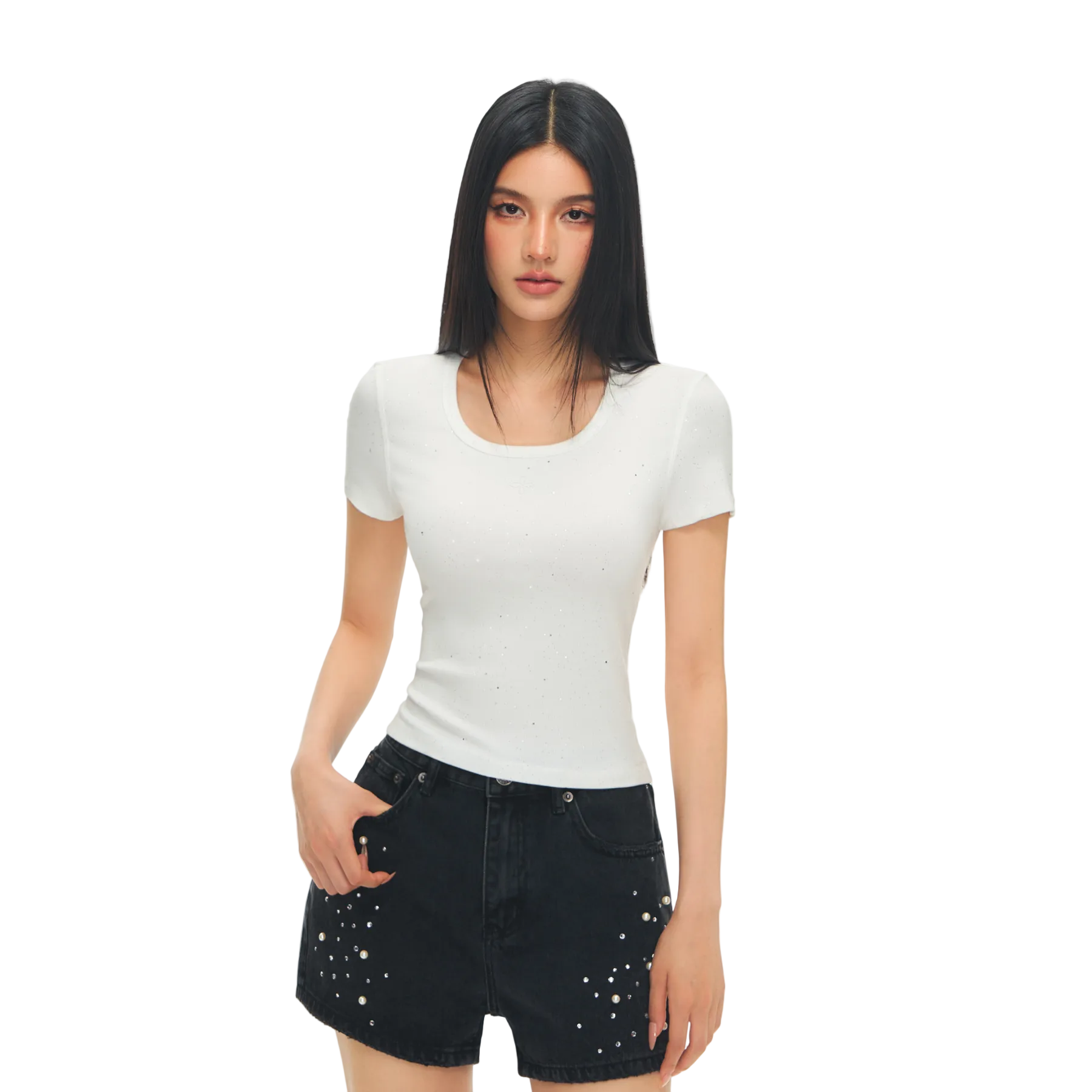 White Cross Flower Rhinestone Elastic U-Neck T-shirt