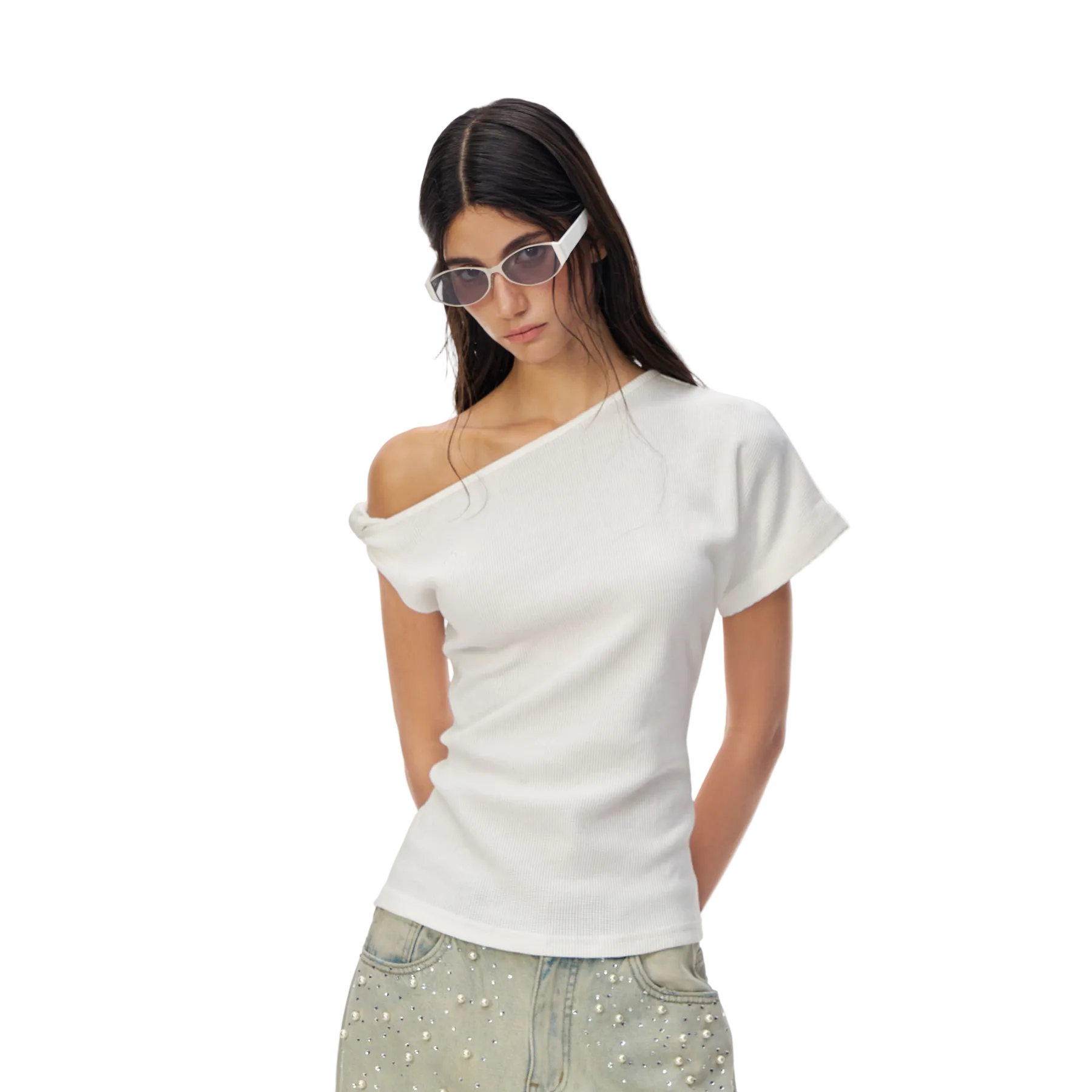 White Cross Asymmetrical Knotted Off-Shoulder T-Shirt