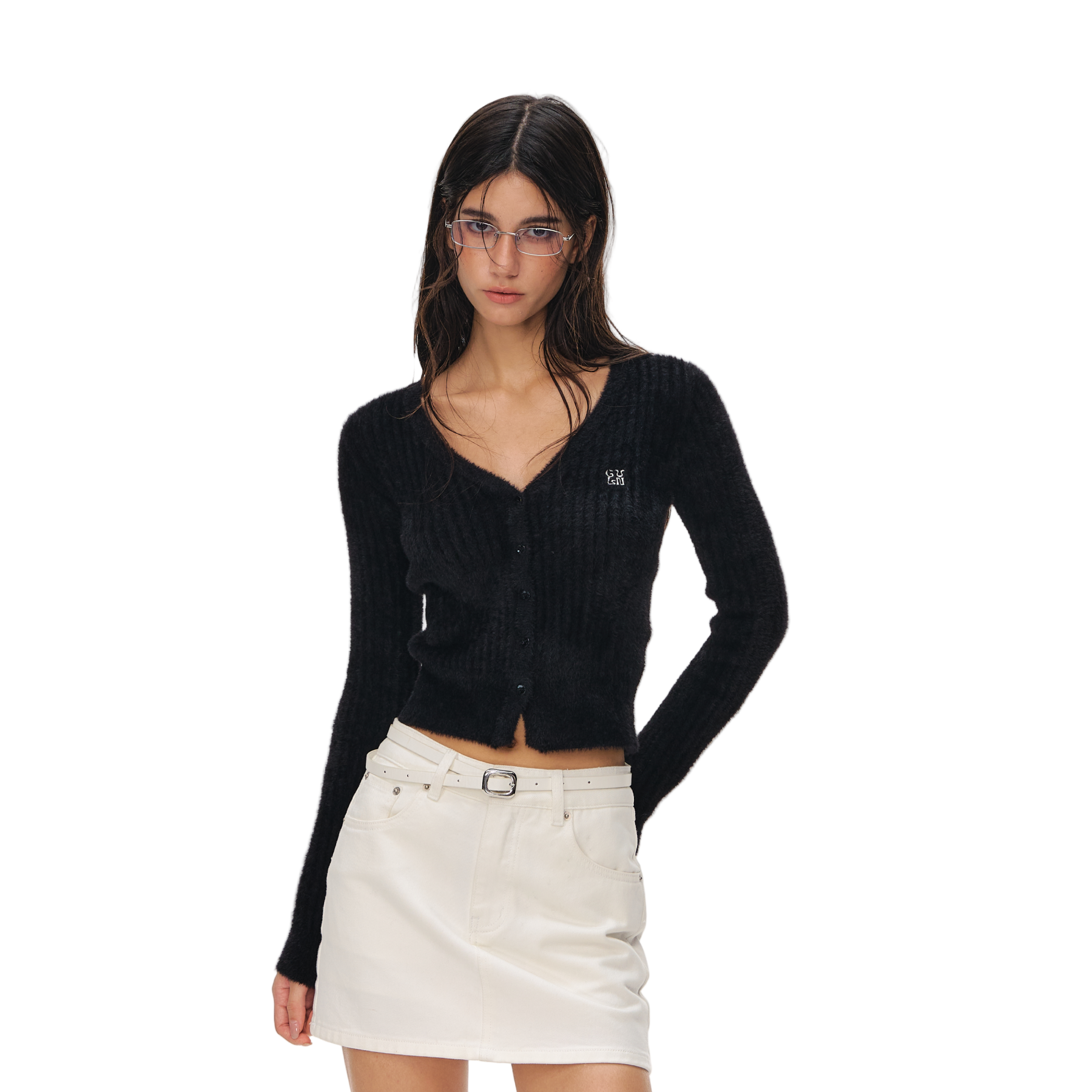 Black Faux Mink V-neck Ribbed Knit Cardigan